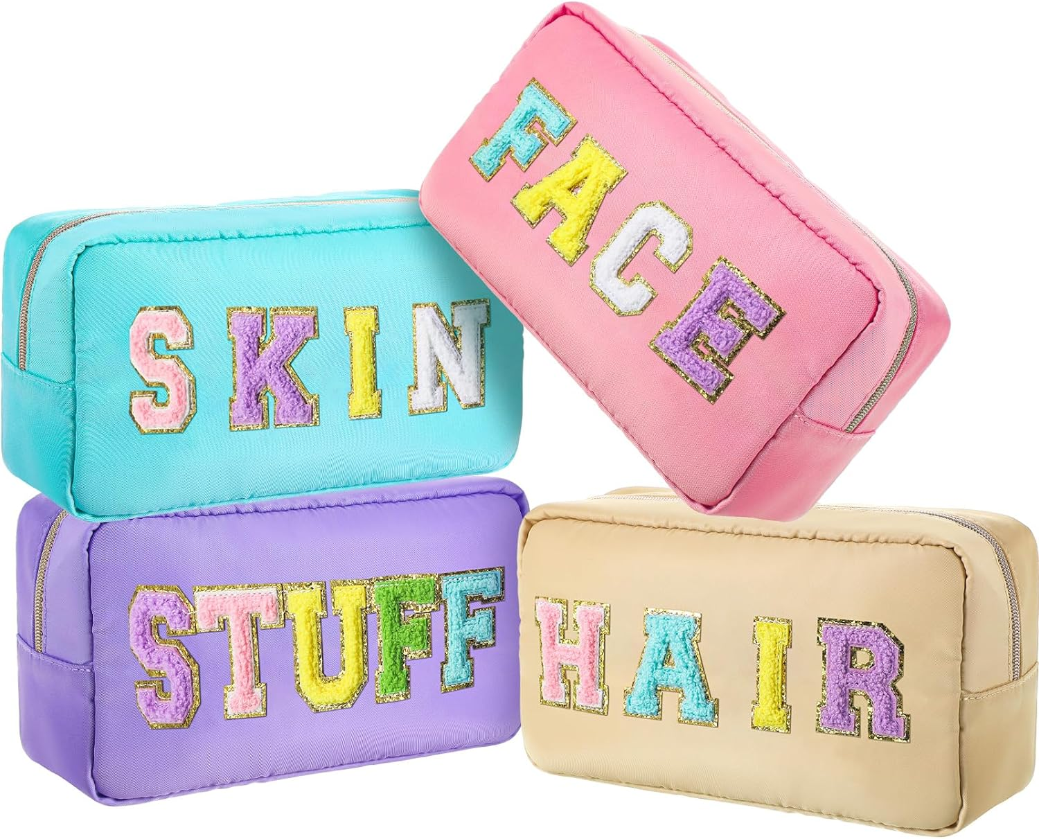 Remerry 4 Pcs Nylon Cosmetic Bag Travel Organizer Chenille Letter Makeup Pouch Zipper Preppy Waterproof Hair Bag Toiletry Pouch for Women Girls(Light Brown, Beige, Light Pink, White)