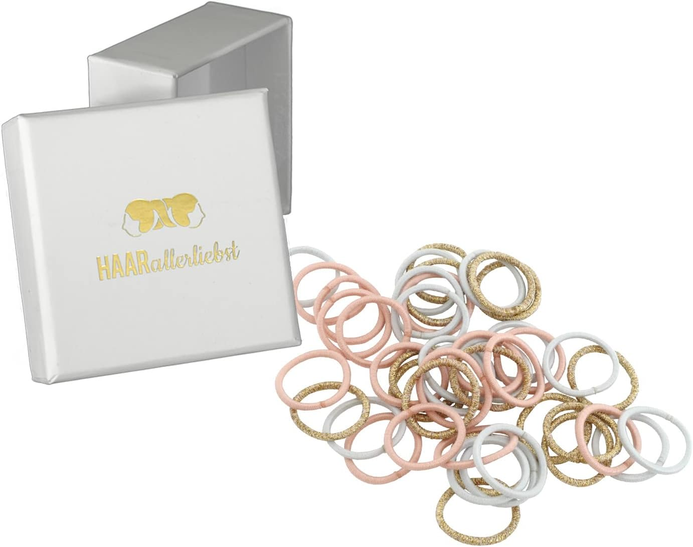 Haarallerliebst Hair Bobbles Mini Extra Small (Pack of 45 | Pink, Light Blue, Gold | 2 Cm) with Box for Storage (Box Colour: White)