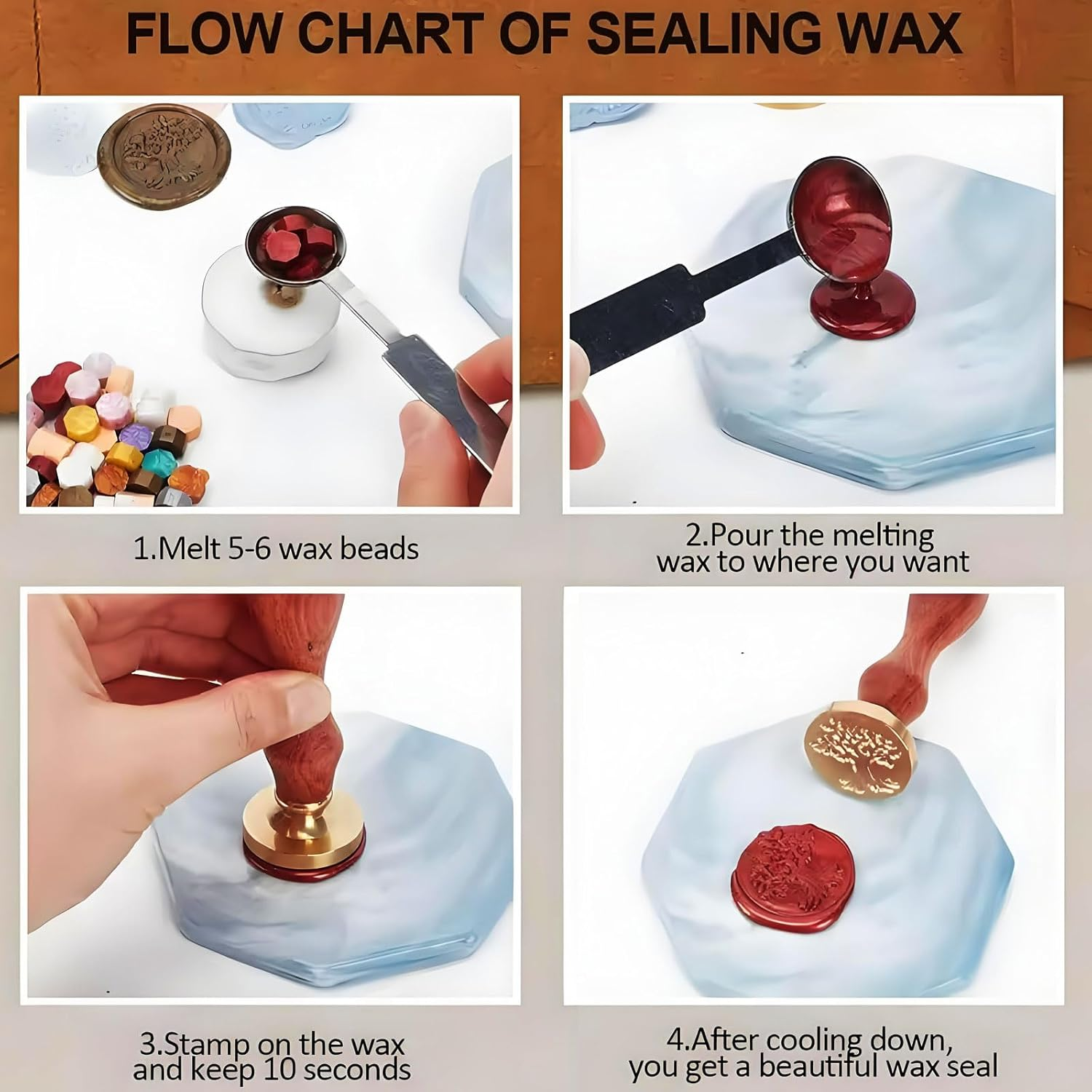 Mytoau12Pcs Wax Seal Stamp Set,12 Styles Sealing Wax Stamp Heads & 1 Pcs Brown Wooden Handle,Vintage Brass Head Sealing Stampers Various Patterns for Envelopes Invitations Cards Gifts Decoration image number 5