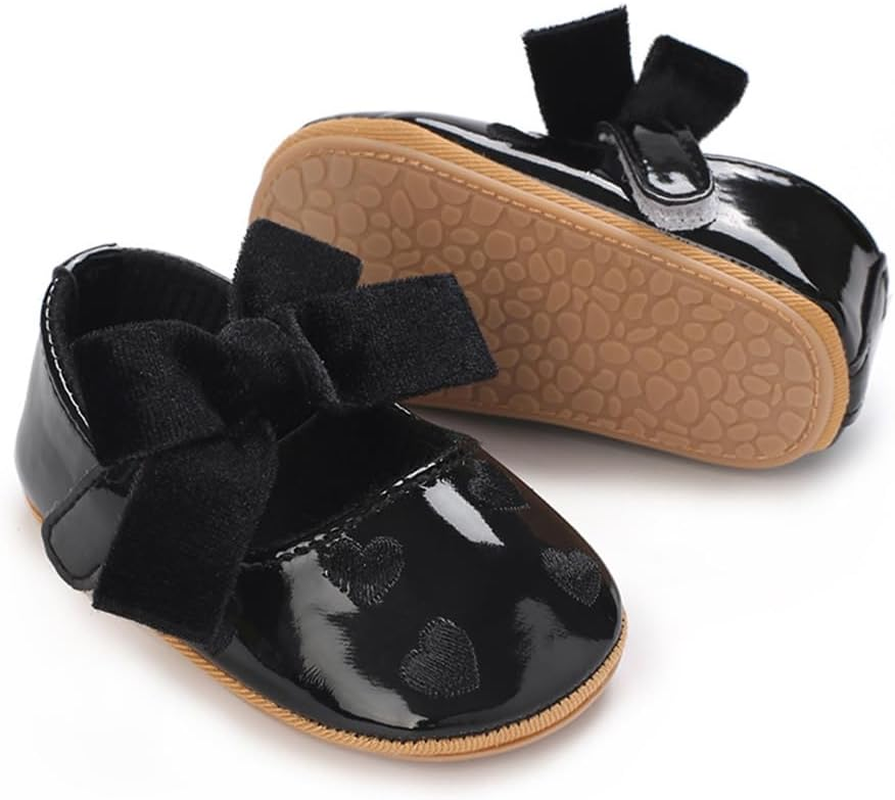 Clowora Infant Toddler Baby Girl Dress Shoes Mary Jane First Walking PU Leather Princess Wedding Rubber Sole Non-Slip with Bowknot Floral Flats