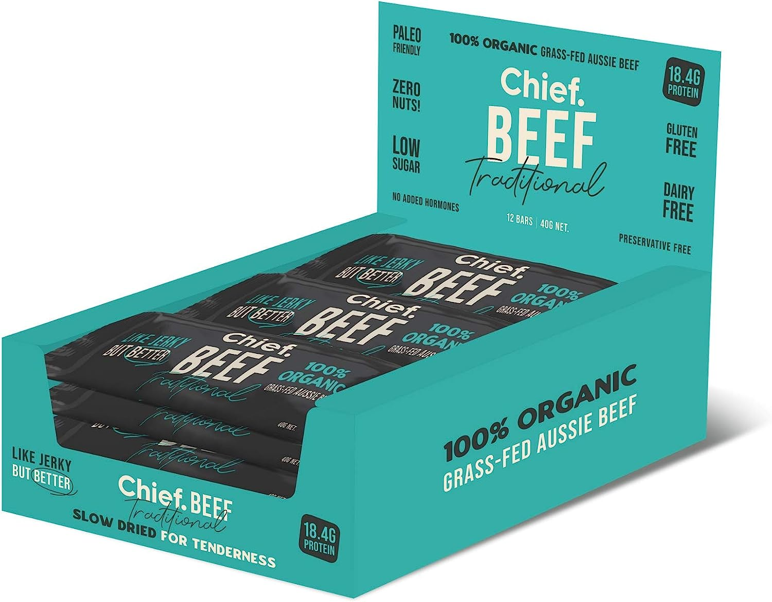 Chief Beef Bar, Traditional Flavour, Organic Grass-Fed Aussie Beef, Gluten Free & Nut Free, Paleo Friendly & No Added Sugar, 12 Pack image number 2