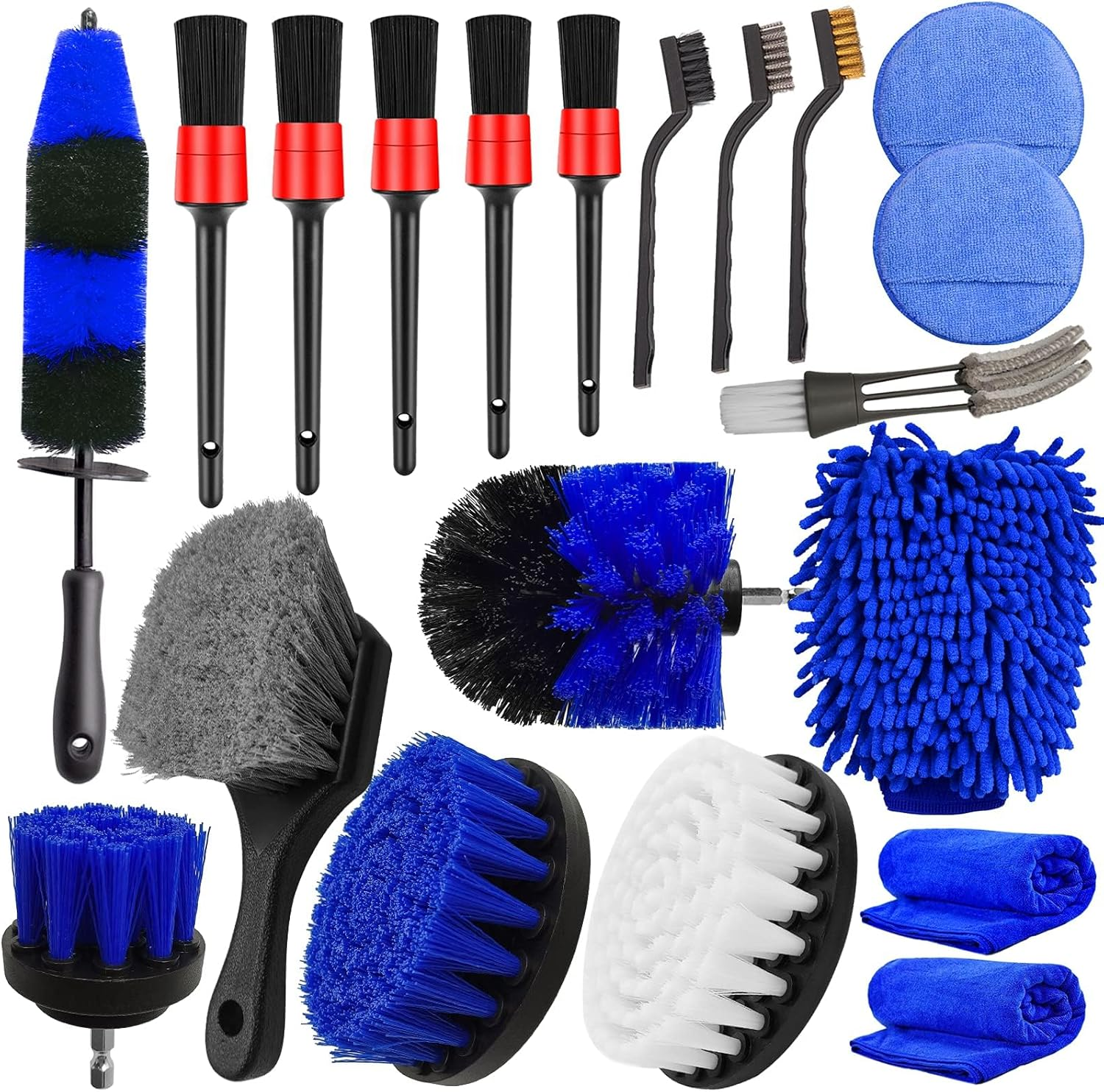 Jaronx 20Pcs Wheel Tire Cleaning Brush Set, Car Detailing Kit with Wheels Rim Brushes, Drill Detailing Brushes, Wash Mitt, Wax Pads, and Towels
