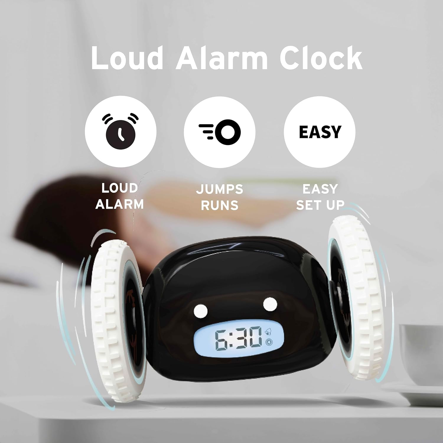 CLOCKY Digital Alarm Clock for Bedroom on Wheels Runaway Moving Extra Super Loud Alarm Clock for Heavy Sleepers Adults Deaf Hard to Wake up Sleeper Kids Teens Funny Cute Alarm Clock Prank Gift (Black) - Black Wheels image number 6