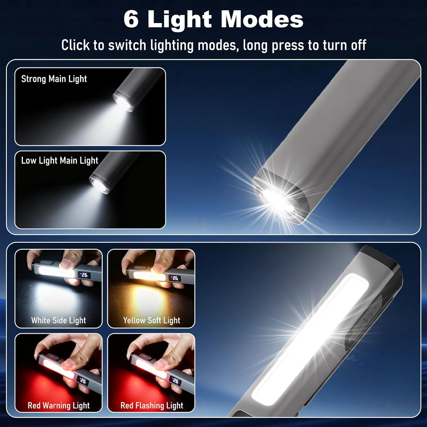 Pack of 2 LED Pen Lamp with Magnet, Rechargeable COB Work Light with 6 Modes & Battery Level Indicator, Waterproof Portable Inspection Lights for Camping, Repairs, Emergencies, Workshop Lamp image number 5