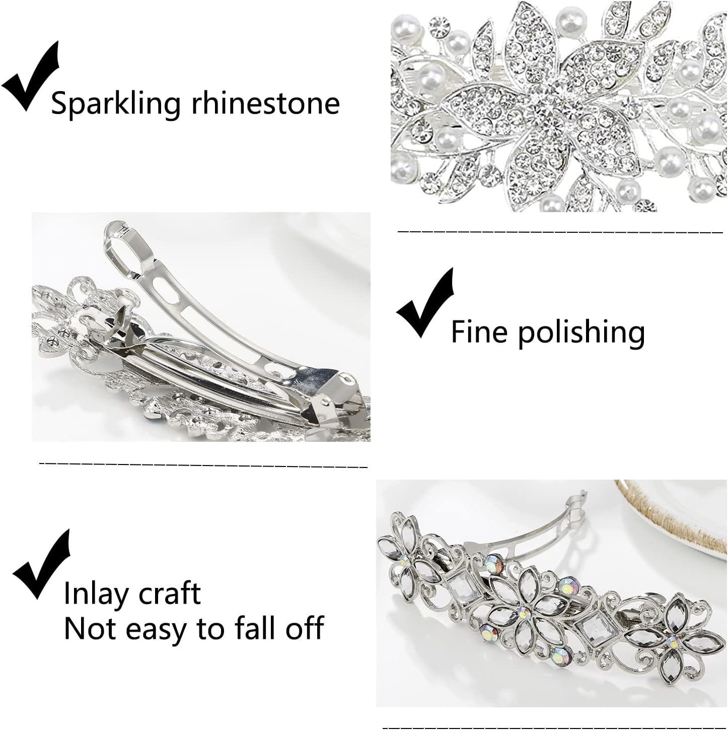 Rhinestone Pearl Hair Clips,3Pcs Antique Crystal Barrette Silver Flower Leafy Pins Elegant Jewelry Hair Decorations Accessories Head Pieces for Women Bridal Wedding Party Gift