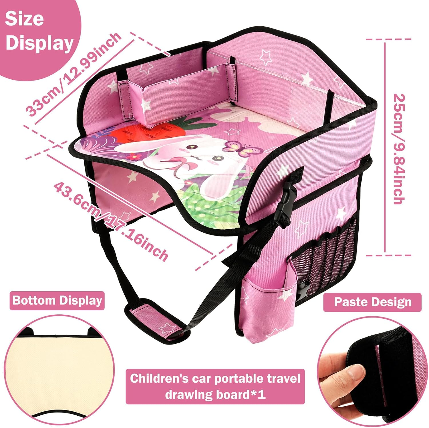 Kids Travel Tray, Portable Waterproof Kids Road Trips Car Seat Tray with Padded Shoulder for Road Trip Activities and Airplane Use​ 43.6X33X25Cm (Pink) - Pink image number 2