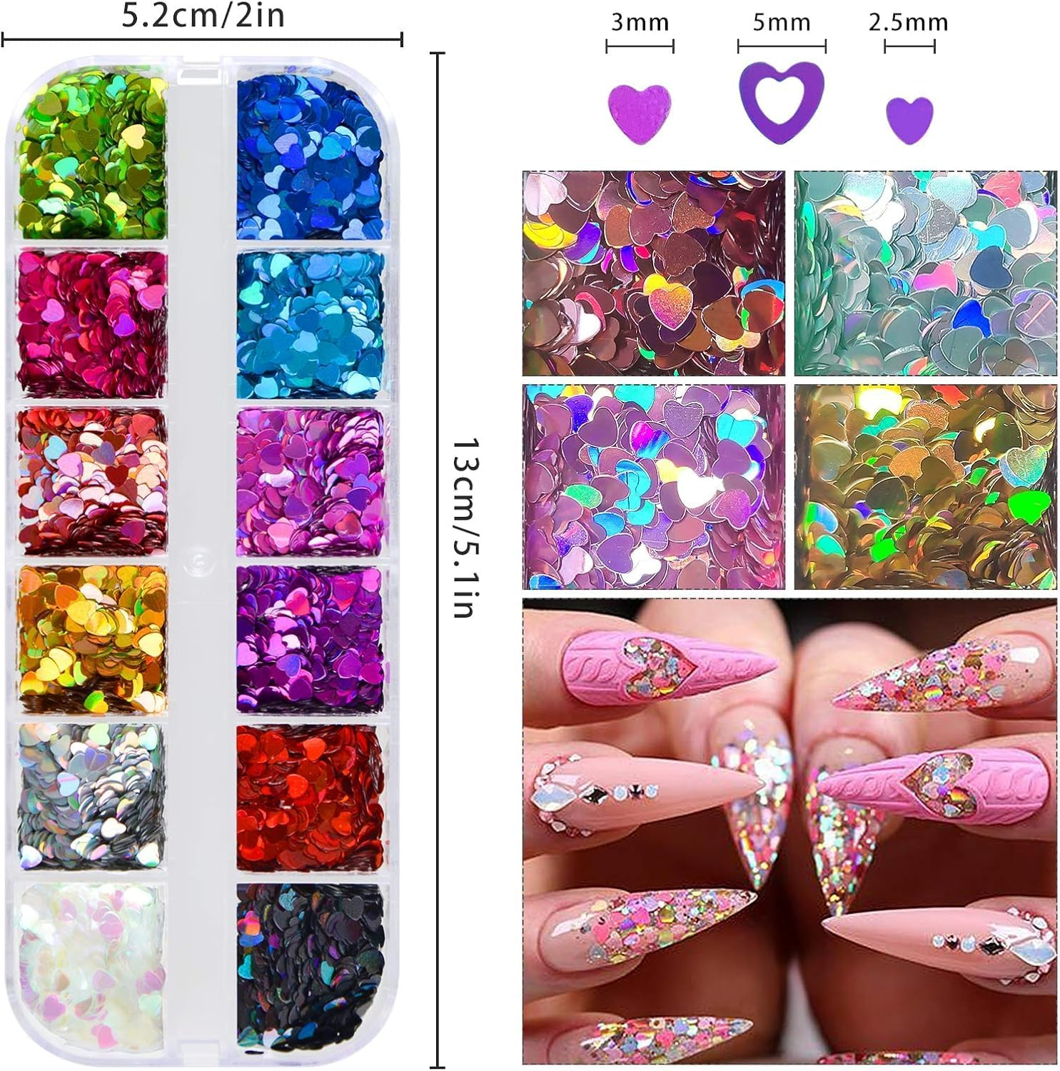 EBANKU Holographic Heart Shaped Nail Art Sequins, 36 Colors, DIY Craft & Makeup Effects image number 4