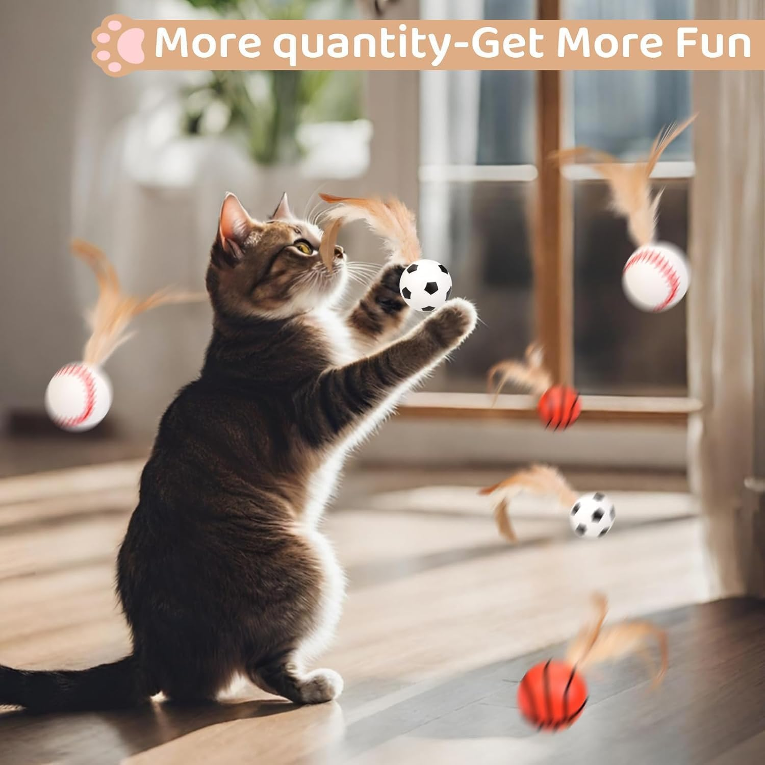 9PCS Cat Bouncy Ball with Feather,Cat Feather Toys, Feathered Bouncing Cat Balls, Rubber High Rebound Nteractive Cat Toy Ball, Bouncy Tails Cat Toys for Indoor Outdoor Cats Pet image number 3