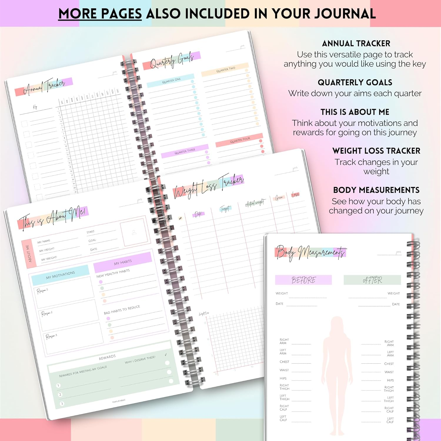 Templatables Wellness Journal - 90 Day Health, Fitness, Gratitude, Mindfullness, Wellbeing, Habit, Goals, Diet & Food Tracker - A5 Pastel Rainbow, (TPWPPR)