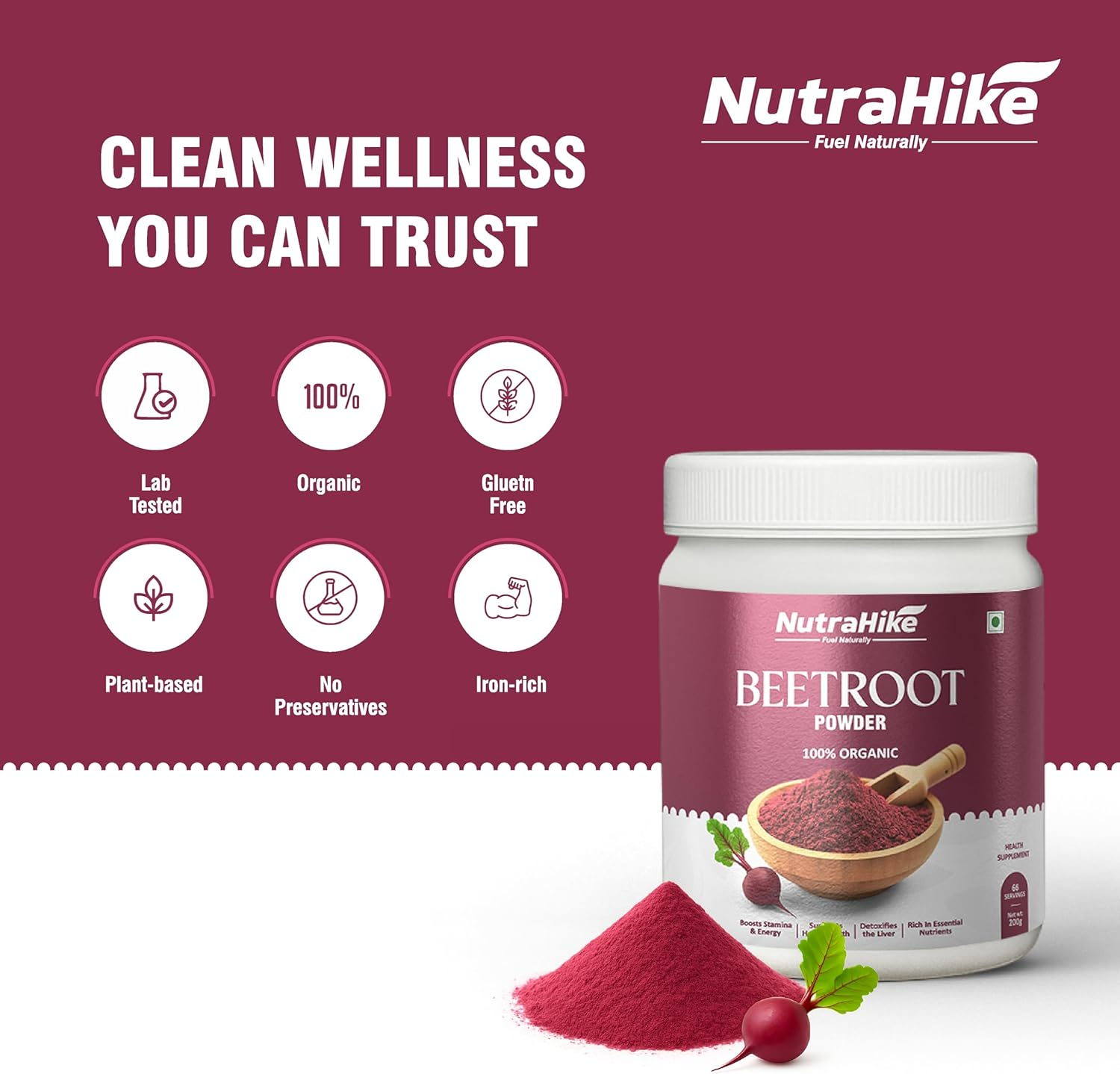 Nutrahike Organic Beetroot Powder 200 G &ndash; Antioxidant-Rich Detox & Immunity Booster image number 4