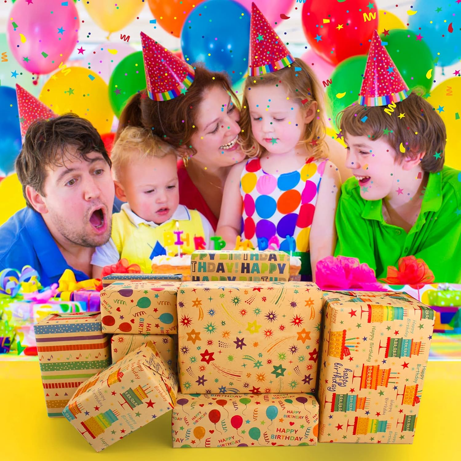 Wrapping Paper Sheets-Birthday Wrapping Paper for Women Men Girls Boys Female Male-Kraft Recycled Gift Wrapping Paper Set,Birthday Gift Wrap Paper and Tags and String for Present Wrapping Paper-Eco Wrapping Paper Birthday Paper Wrapping,Birthday Wrap Paper,5 Pack 50X70CM per Folded Sheet