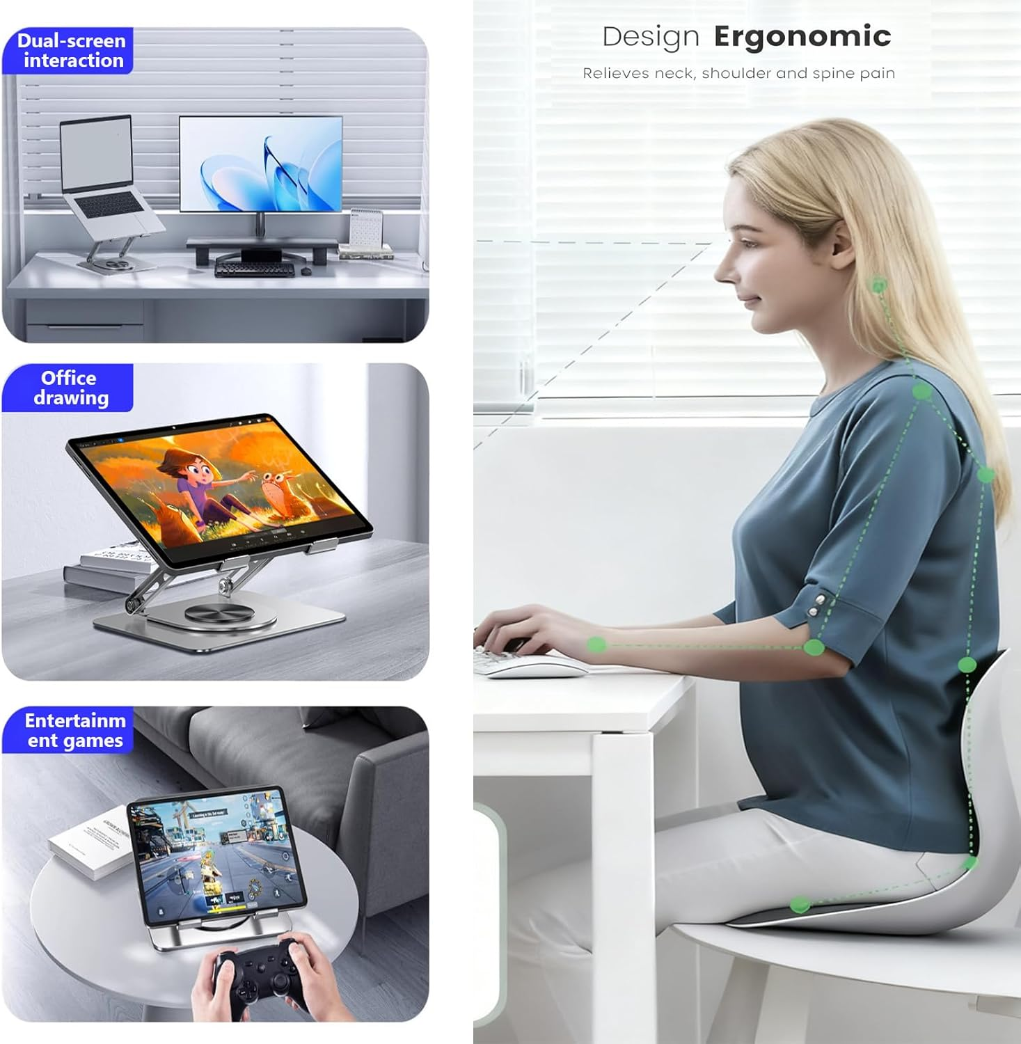 Laptop Stand for Desk, 360&deg; Rotatable Durable Metal Tablet Stand, Adjustable Angle Foldable Portable Sturdy Holder for Macbook, Ipad Pro, Galaxy Tab,Ipad, Dell, HP, Lenovo, Silver image number 6