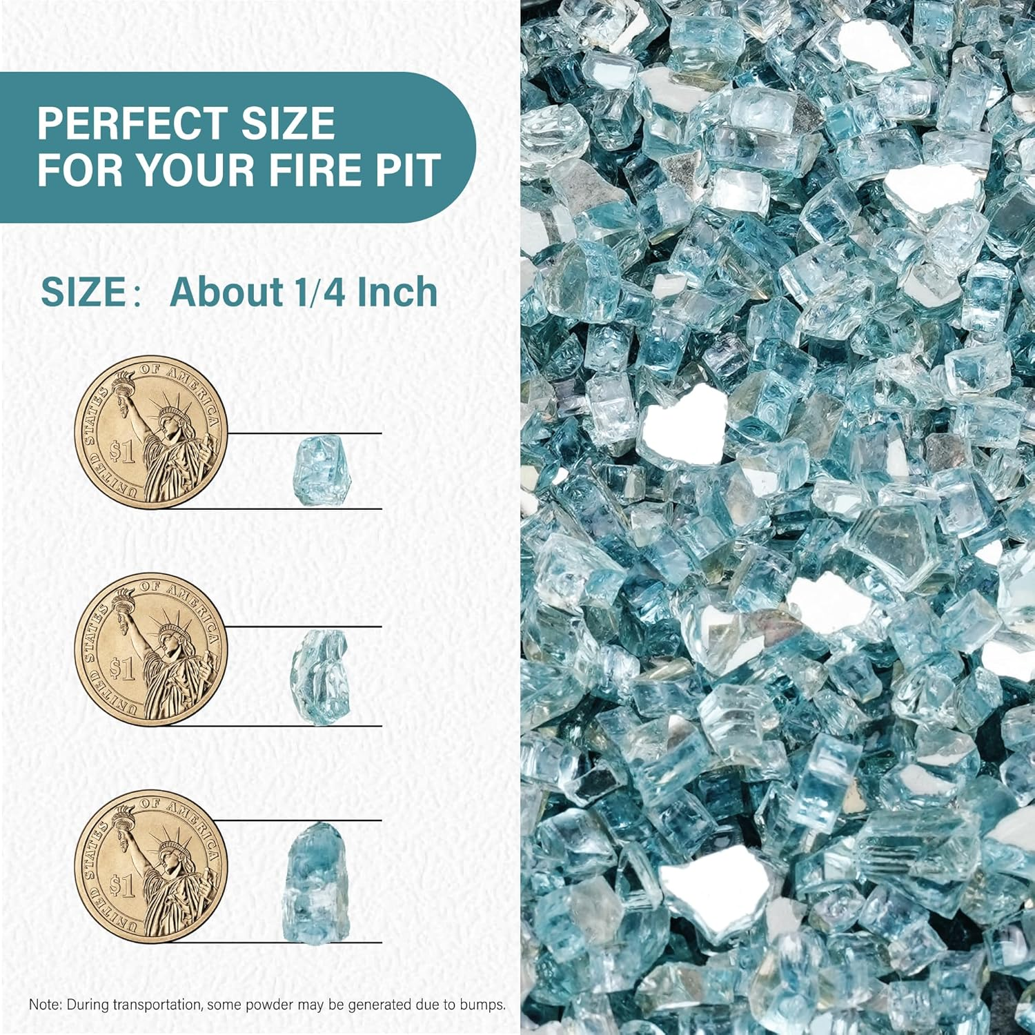 NUPICK 5 Pound Fire Glass, 1/4 Inch Reflective Fire Pit Glass, Tempered Firepit Glass Rock for Propane or Natural Gas, Glass Rocks for Fire Pit Table, Fireplace Glass for Landscaping, Aqua Blue image number 2