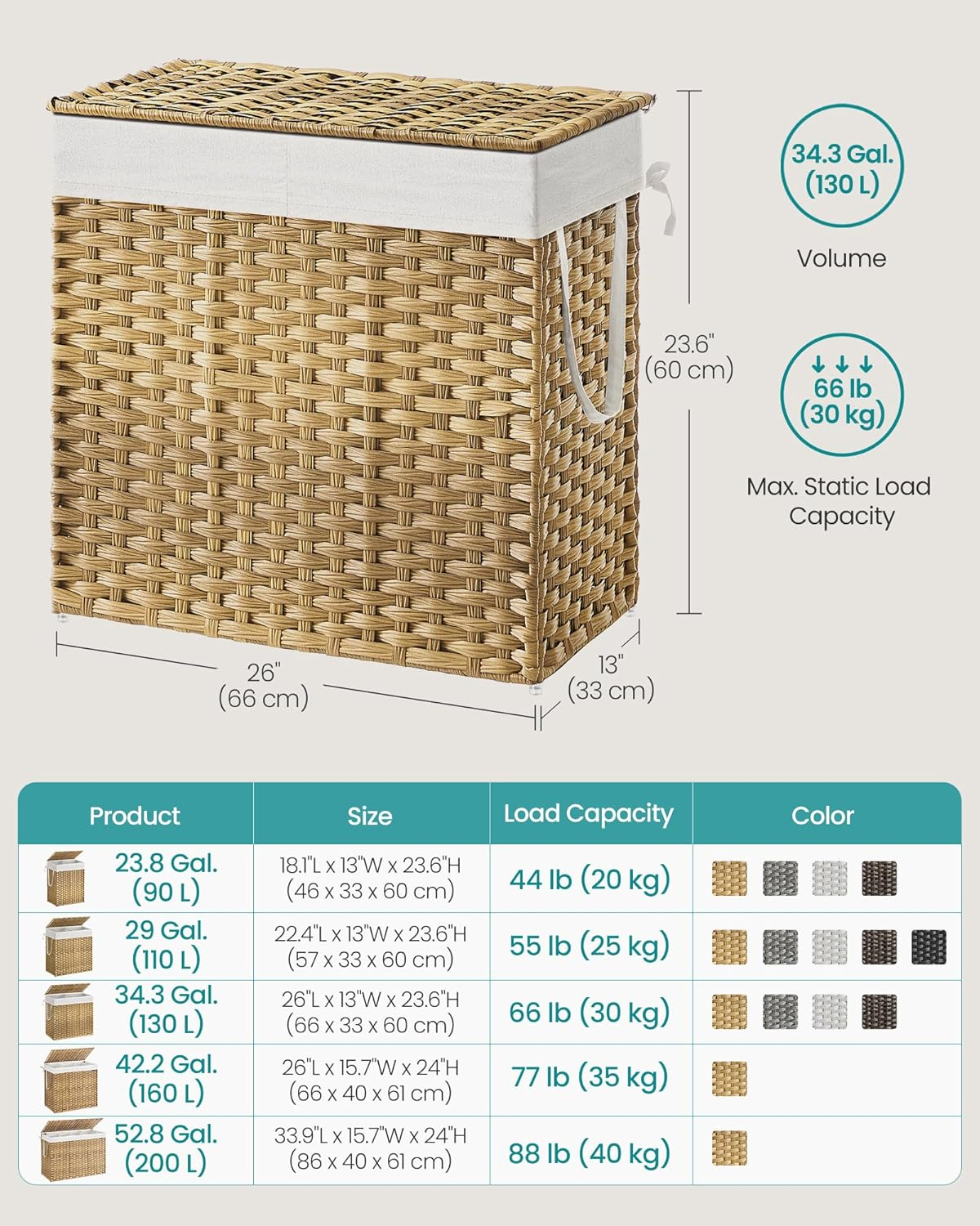 SONGMICS Laundry Hamper with Lid, 130L Clothes Hamper with 2 Removable Liner Bags & 6 Mesh Bags, Wicker Laundry Basket, Double Laundry Hamper for Bathroom, 13 X 26 X 23.6 Inches, Natural ULCB253N01 image number 4