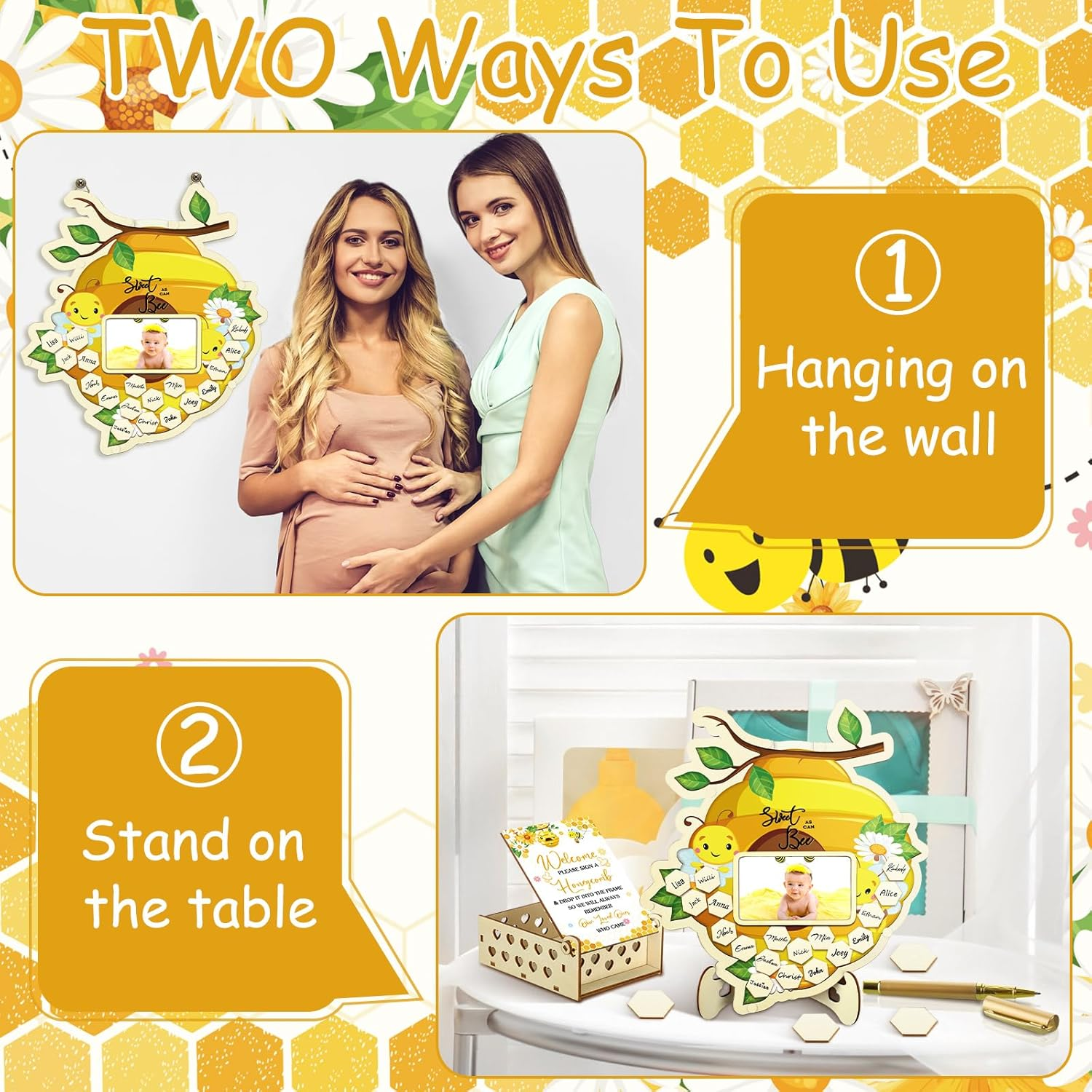 Wenqik 63 Pcs Bee Baby Shower Guest Book Alternatives Set Baby Shower Decorations with Photo Frame Sonogram Frame Keepsake 60 Wood Slices Guest Book for Birthday image number 4