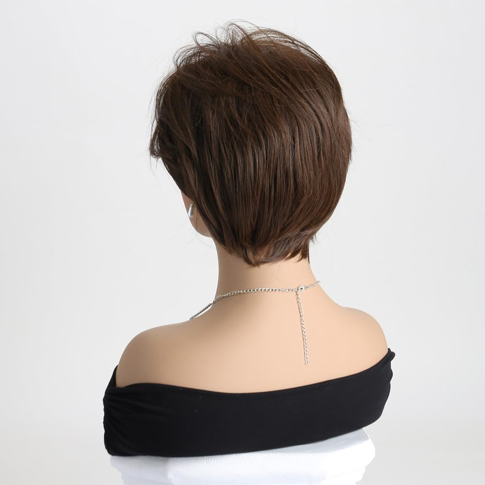 AUBWIG Short Brown Bob Wigs Pixie Charming Style Fluffy with Fringe Natural Straight Synthetic Short Hair Wigs Daily Hair (Brown #3B) image number 1