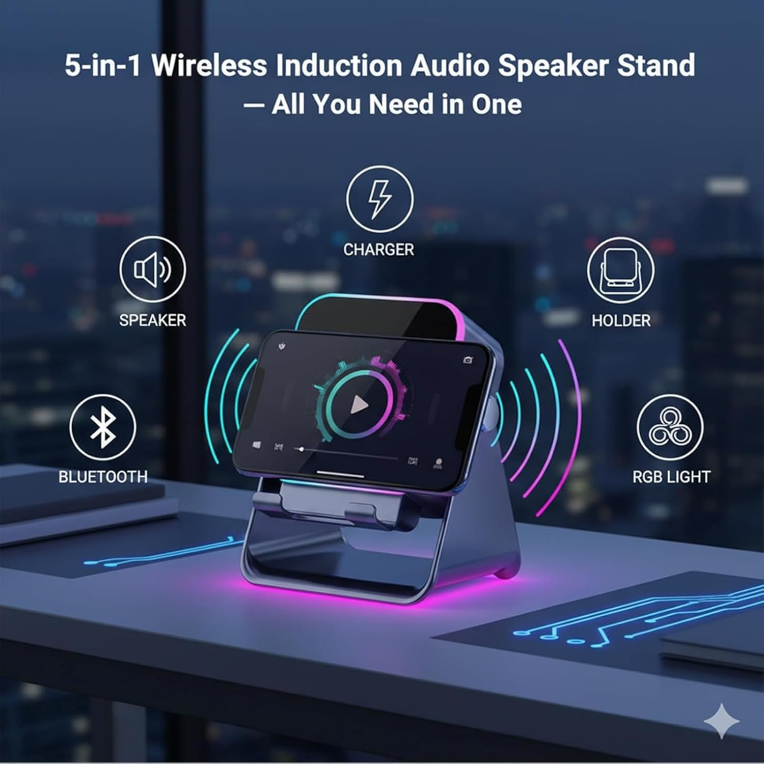 5-In-1 Wireless Induction Bluetooth Speaker with Adjustable Phone Stand, Wireless Induction Audio Speaker Stand, 360&deg; Rotating Design, USB Rechargeable for Smartphones (Black) image number 2