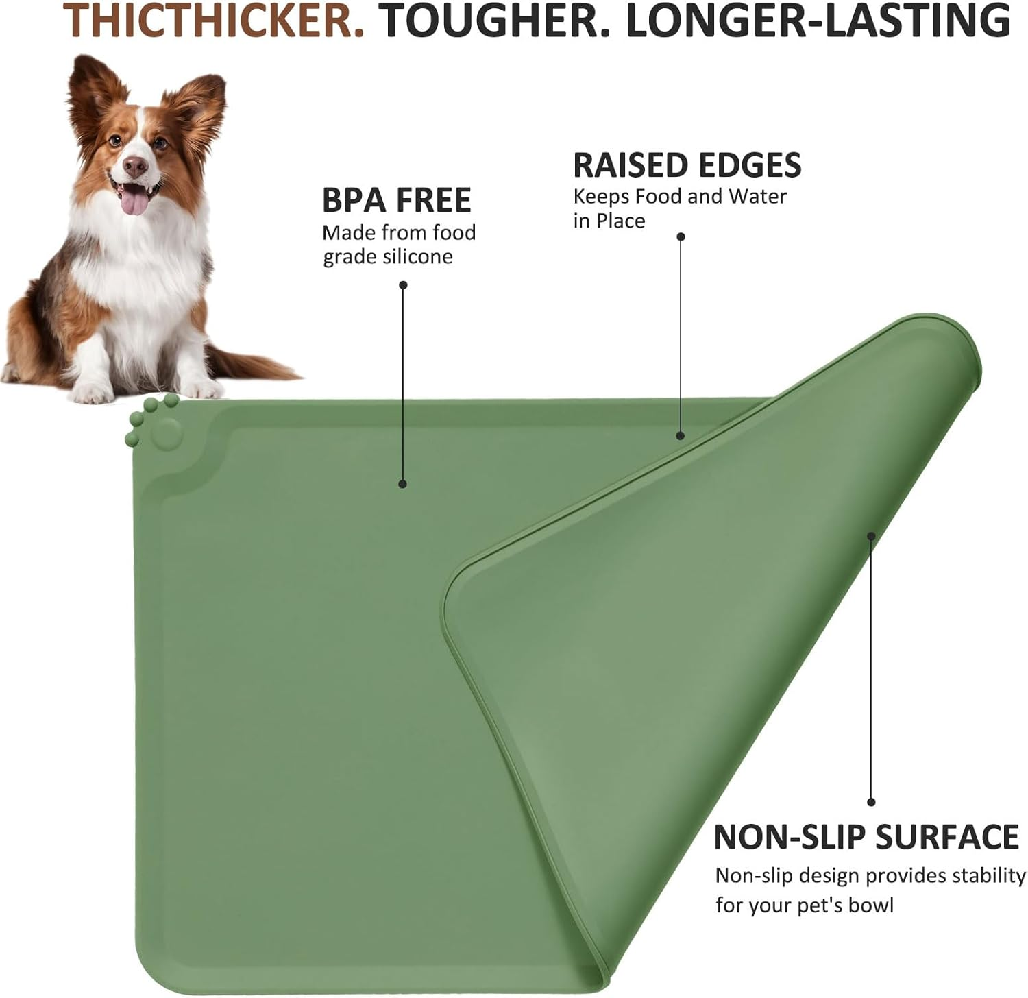 Silicone Food Mat for Dogs Cats，Thicker Waterproof Anti-Slip Pet Feeding Mats，Raised Edge, Spill-Proof Easy to Clean, Dishwasher Safe for Dog and Cat Bowls (Green, L) - Blue image number 2