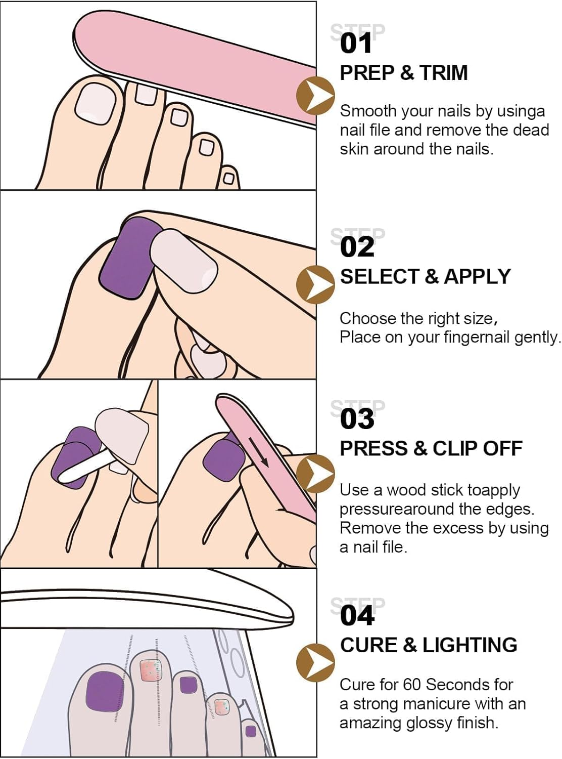 Kalolary Semi Cured Gel Toenail Strips,Toenail Stickers Pedicure Strips Long Lasting Salon Quality Nail Wraps with Nail File & Wood Stick(Uv/Led Lamp Required image number 2