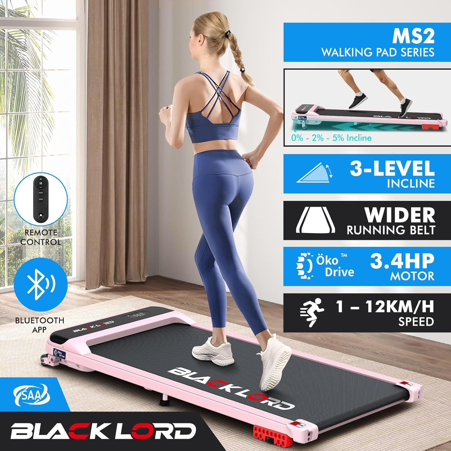 BLACK LORD Walking Pad Treadmill MS2 with Incline, Home Office Gym 3.4HP Fitness Equipment, Portable under Desk, Bluetooth APP Control & Remote Trainer for Jogging Running, Pink image number 2