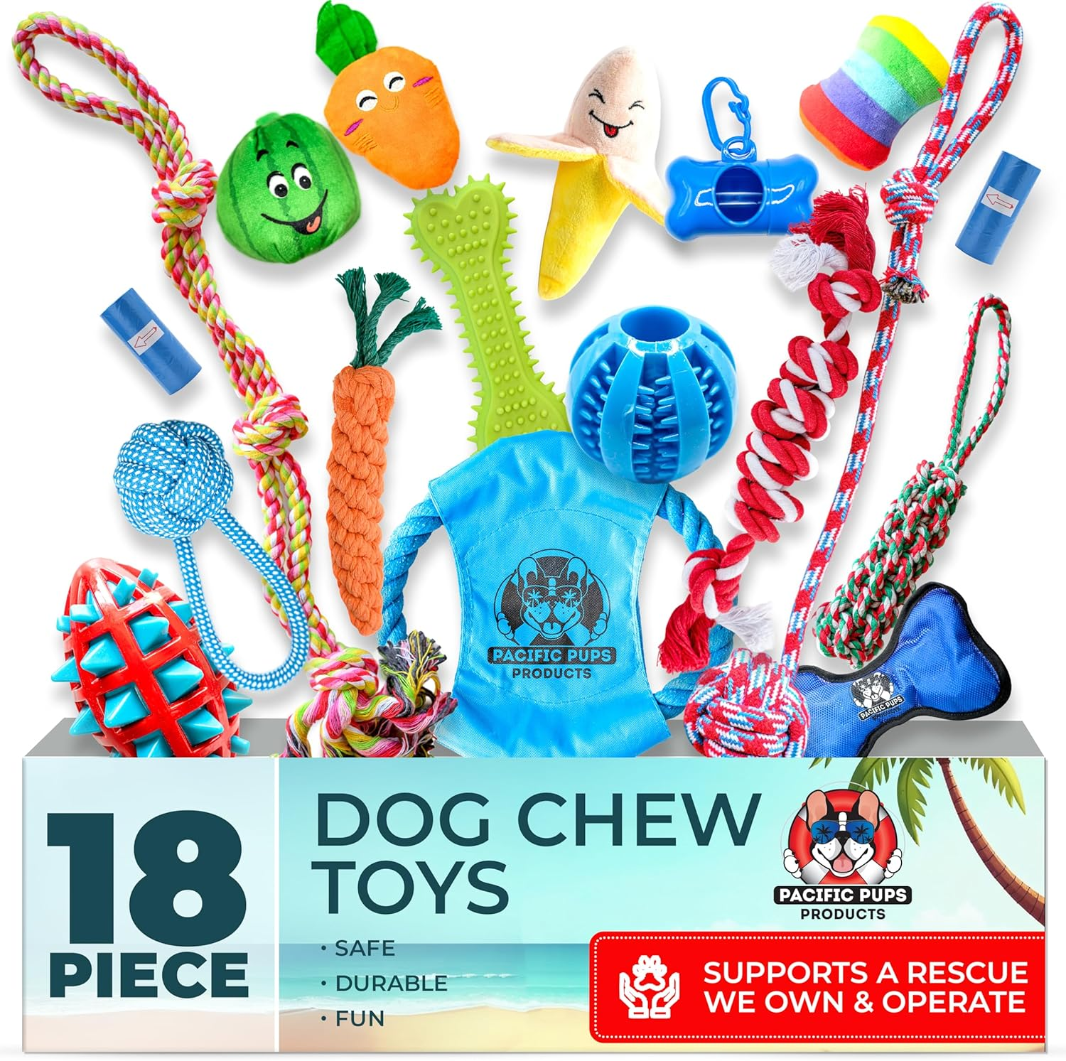 Pacific Pups 18 Piece Dog Toy Set - Plush, Rope & Chew Toys Support Non-Profit Dog Rescue image number 2