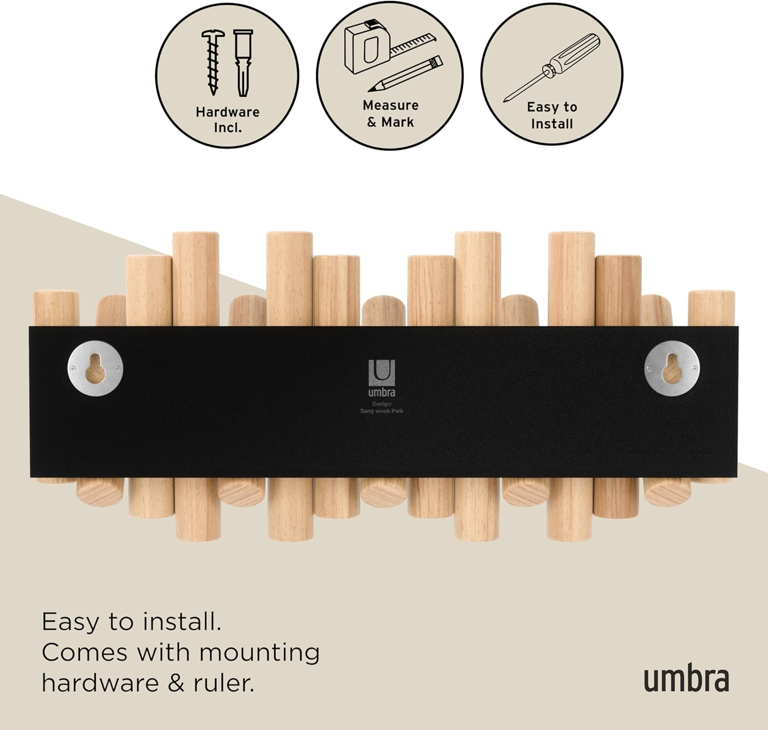 Umbra, Natural Picket 5 Hooks, Wall-Mounted Rail, Doubles as Art, Beveled Pine Wood Dowels, Finish, 14.9 X 6.6 X 1.6 - Natural image number 3