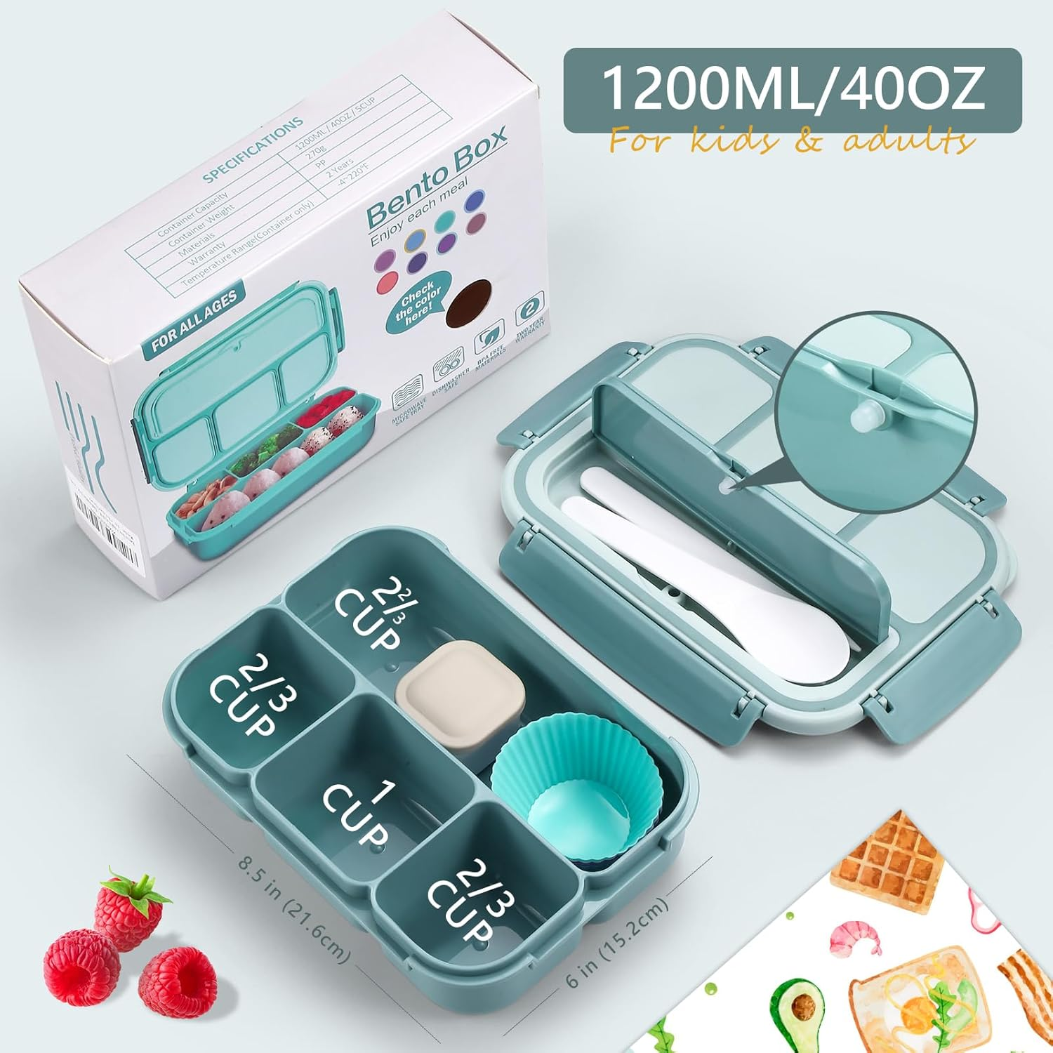 Bento Box Adult Lunch Box for Men Women, Bento Lunch Box for Kids Boys Girls School, Lunch Containers for Adults with 4 Compartments, Utensil Set, Sauce Container, Muffin Cup, Green image number 5