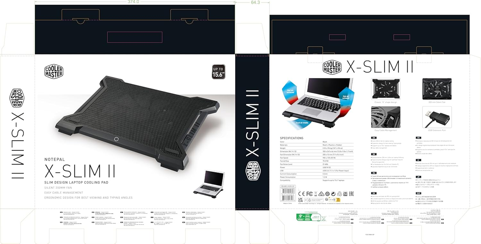 Cooler Master Notepal X-Slim II Laptop Cooling Pad 'Silent 200Mm Fan, Egonomic Design, Supports up to 15.6" Laptops' R9-NBC-XS2K-GP image number 5