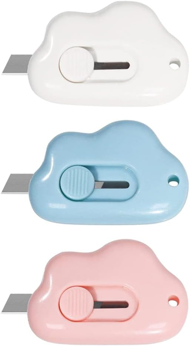Small Box Cutter, 6 Pcs Cloud Shape Mini Safety Blade Box Opener, Retractable Utility Knife for Card, Parcels and Wrapping Paper (Pink+Blue+White) - Pink image number 5