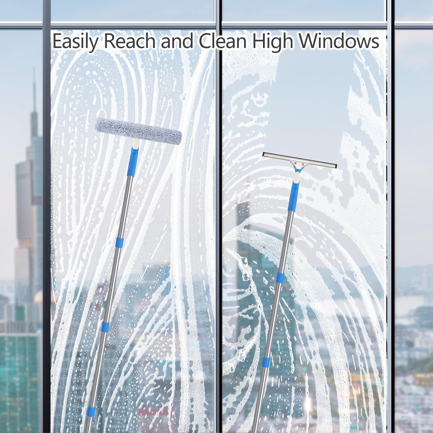 Mitclear Window Cleaning Kit with Extension Poles(77In), Window Cleaner Tool with 14&rsquo;&rsquo; Silicone Squeegee & Microfiber Scrubber, Professional Window Washing Equipment for Shower Glass Mirror Door Car image number 1