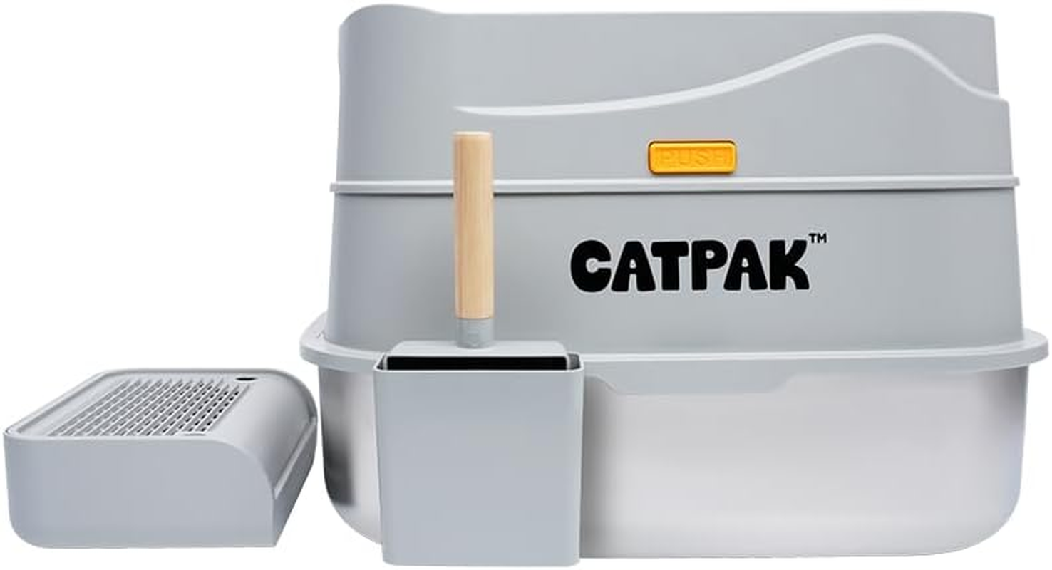 CATPAK 3-Piece Stainless Steel Cat Litter Box with Removable Covered Lid &ndash; Cat Litter Tray for Shy/Anxious Cats, Easy-Clean, Odor-Resistant, Includes Pan & Tray, Large image number 4