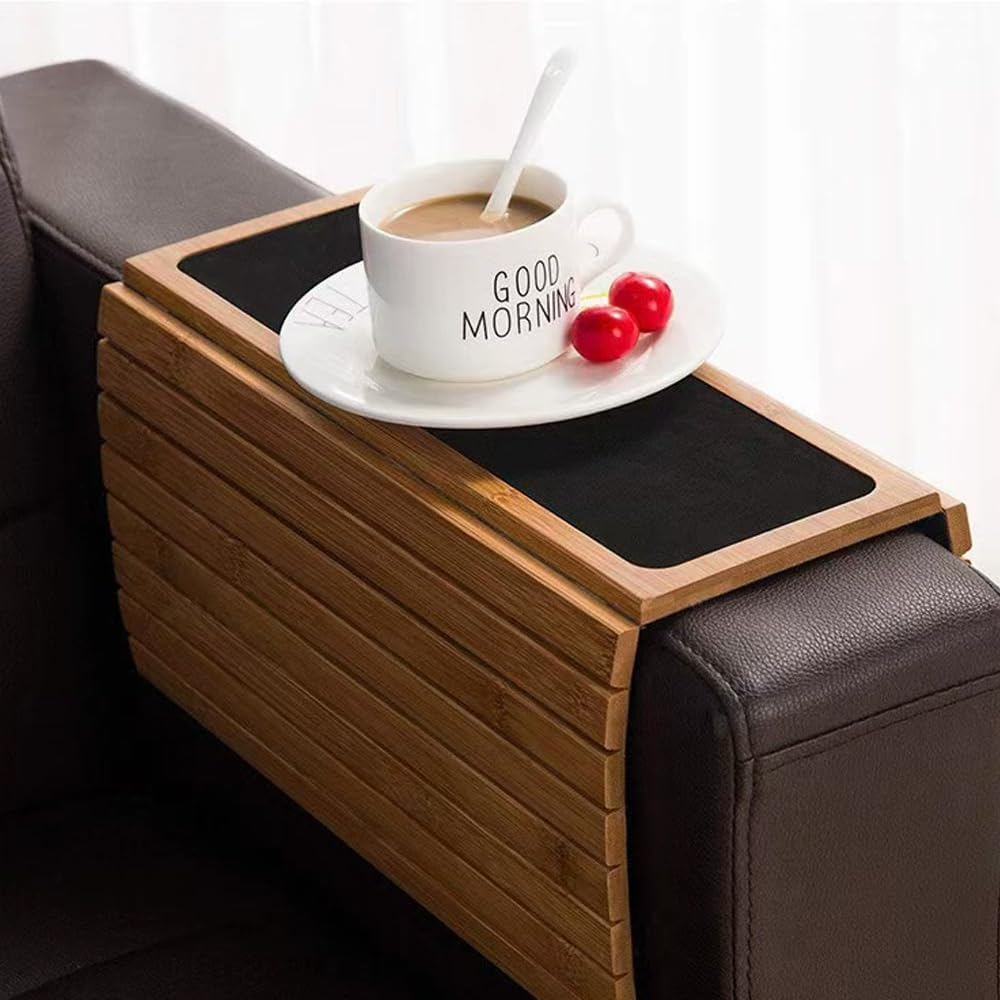 Bamboo Sofa Arm Tray Table for Couch Flexible/Foldable for Drinks Snacks Remote Control or Phone image number 1