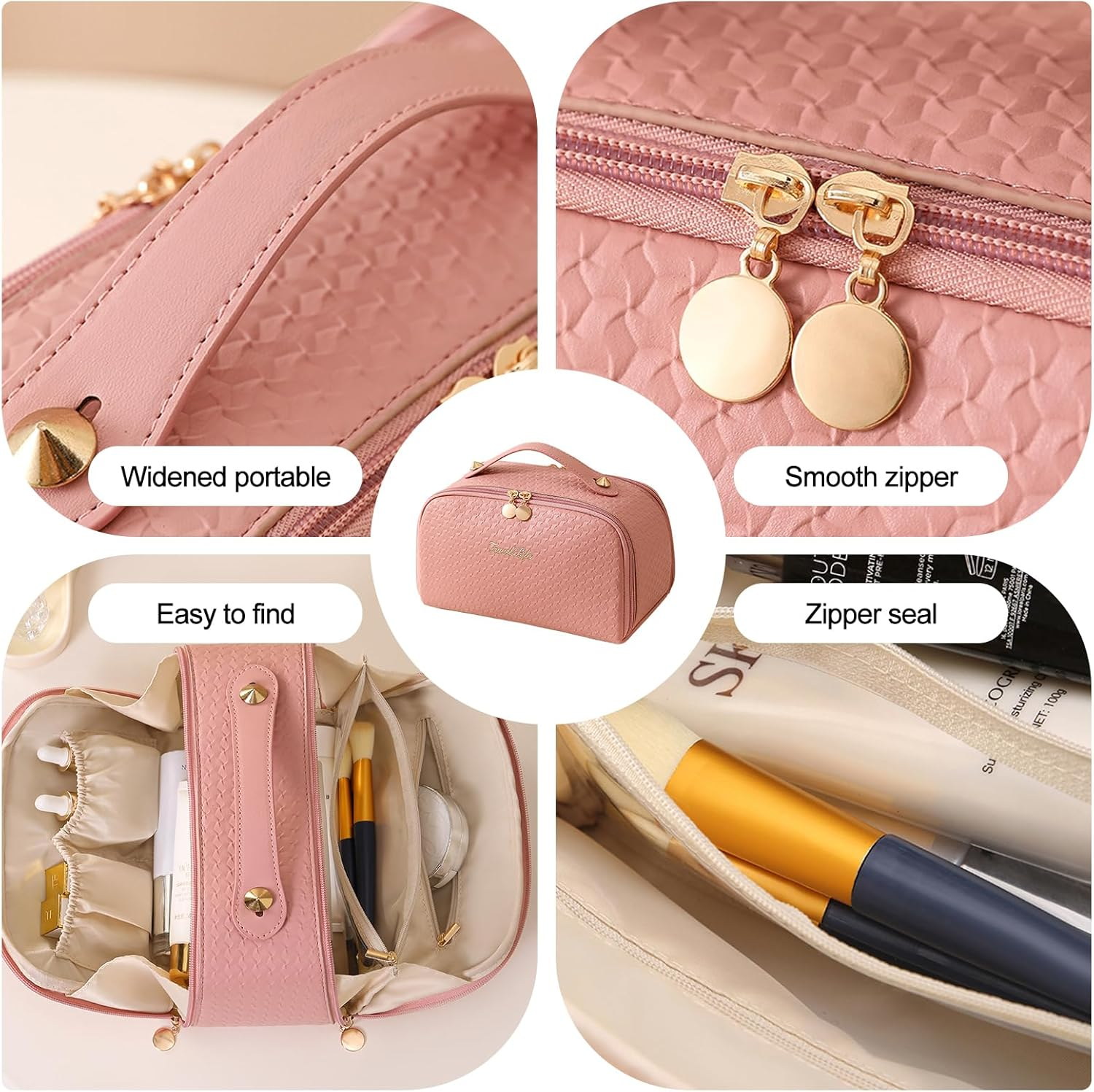 Vbvbip 2025 New Elegant Travel Makeup Bag for Women, Waterproof Cosmetic Organizer Pouch, Large Quilted Makeup Bags，Pink image number 6