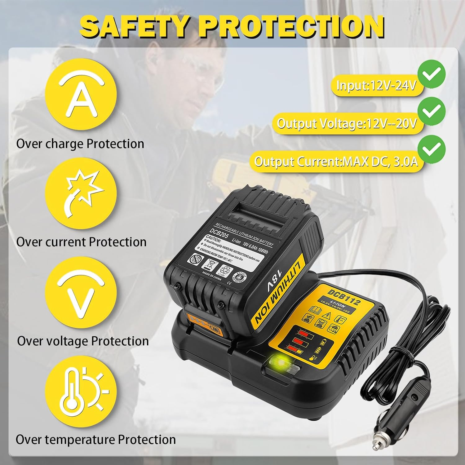 DCB112 DCB119 Car Battery Charger Compatible with Dewal 12V, 20V & 60V MAX Lithium Ion Battery DCB203 DCB201 DCB204 DCB206 DCB606 DCB609 DCB120 Replacement for 20V MAX Vehicle Charger image number 3
