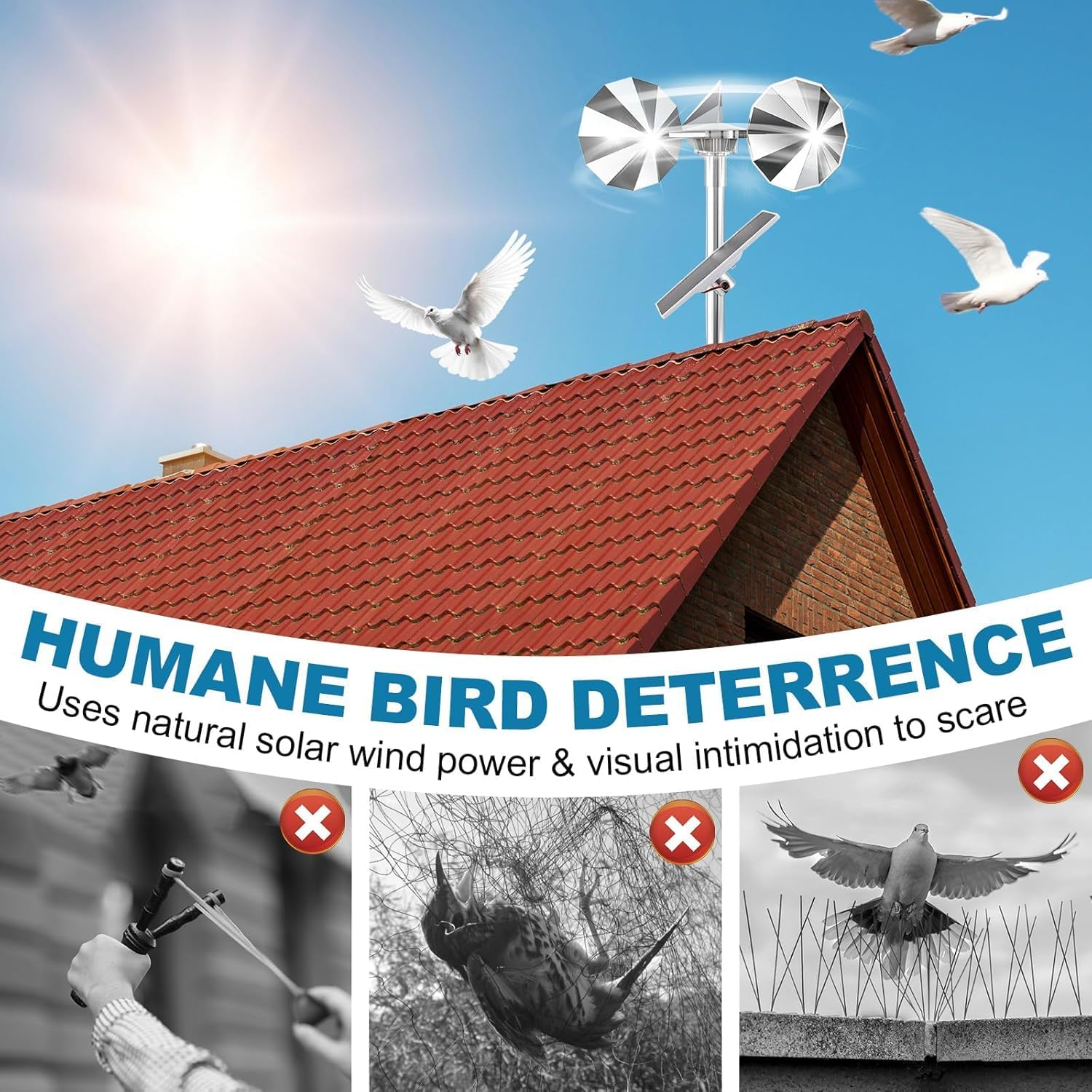 Solar & Wind Powered Bird Repellent Spinner - Reflective Deterrent for Woodpeckers, Pigeons, Sparrows | Eco-Friendly Outdoor Scare Device for Garden, Railing, Roof image number 4