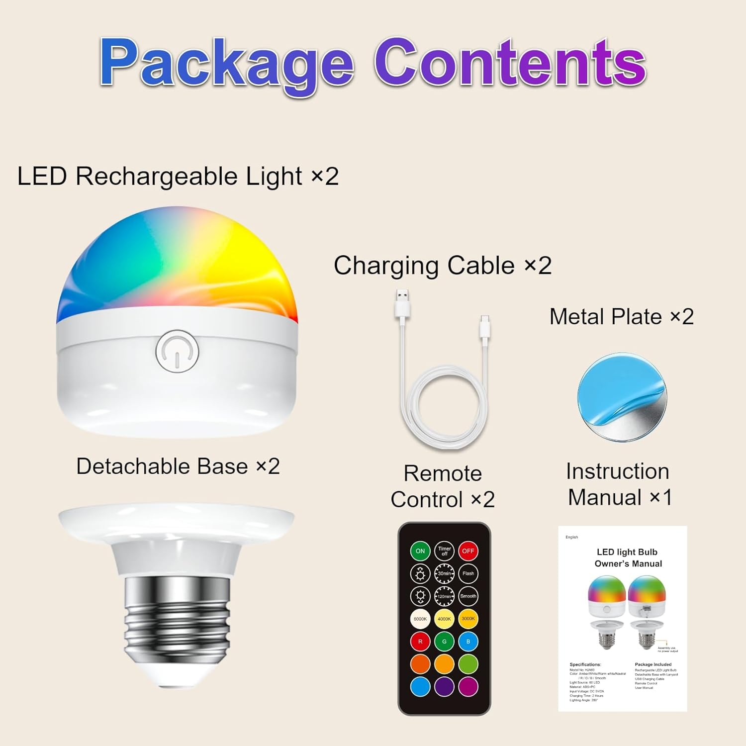 LUTW USB Rechargeable Light Bulb E27, 7W Smart RGB Colour Changing Light Bulb with Remote Control, 12RGB 3 Color Temperature, Dimmable and Detachable Battery Light Bulbs for Lamps, 2 Pack image number 5