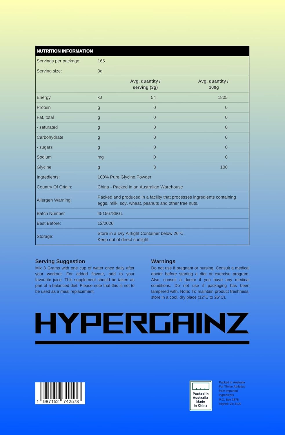 Hypergainz Glycine Powder Pure Amino Acid Powder Sports Supplement L-Glycine 500G image number 3