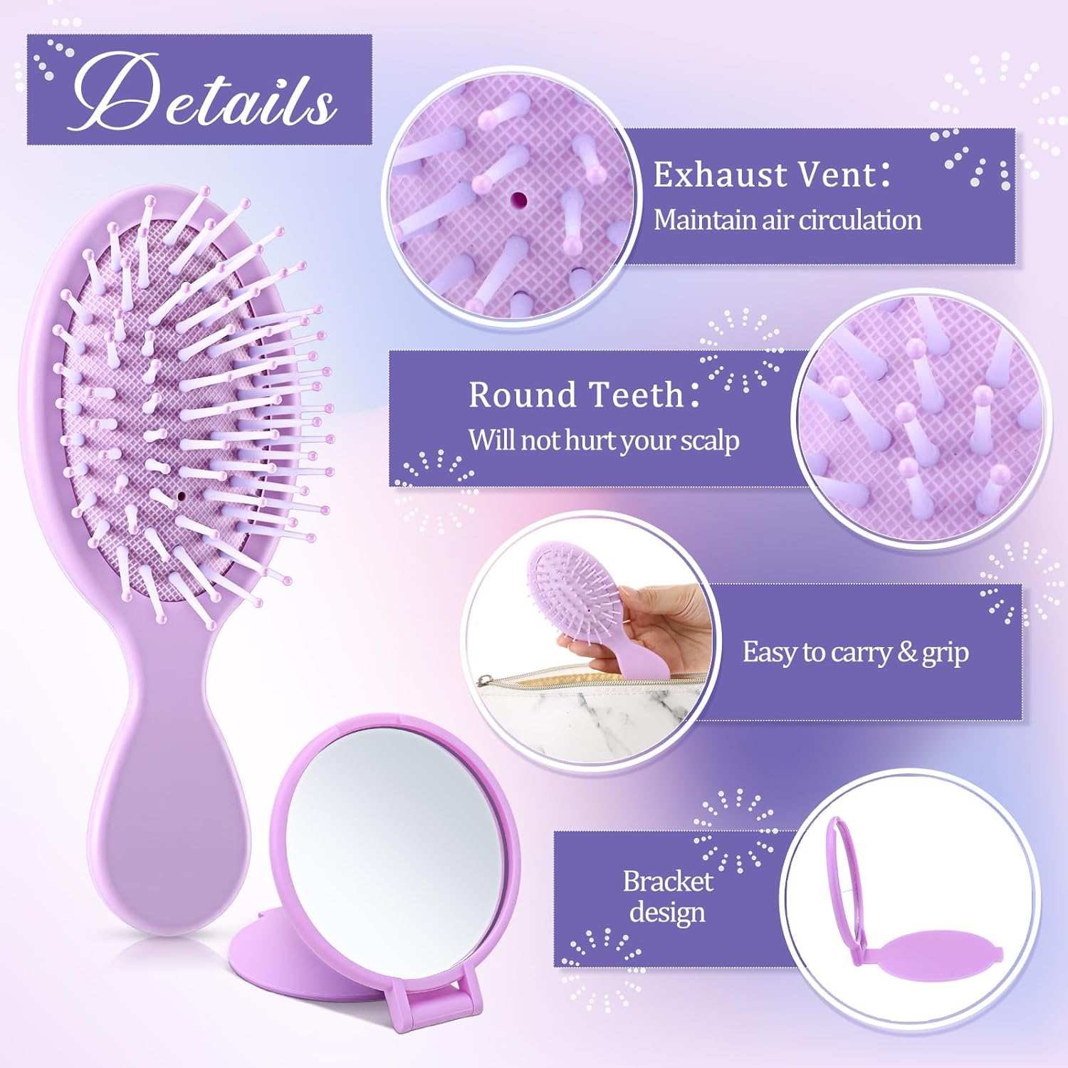Meanplan 24 Pcs Mini Hair Brush Set 12 Travel Wet Dry Hair Combs Pocket Detangling 12 Compact Folding Makeup Mirrors for Spa Sleepover Birthday Bridal Shower Bachelorette Christmas Party Gift(Purple) image number 4