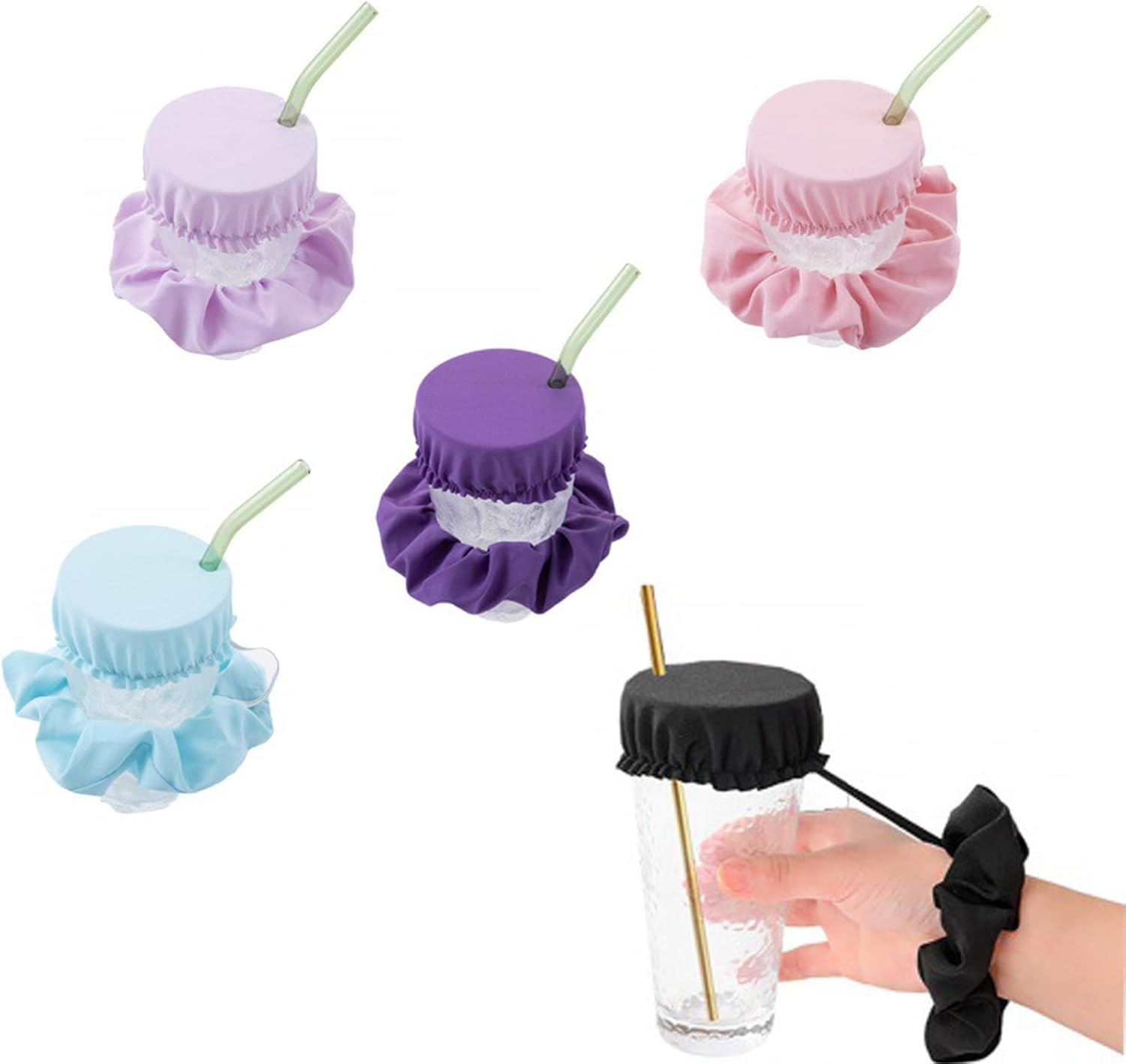 Niaciswe Drink Covers Scrunchie Pack of 5 Hair Scrunchie Drinks Lid Cap Hair Scrunchie Drink Cup Lid Hair Band Drink Cover Scrunchie Drinks Protection Headband for Parties (5 Colours) image number 4