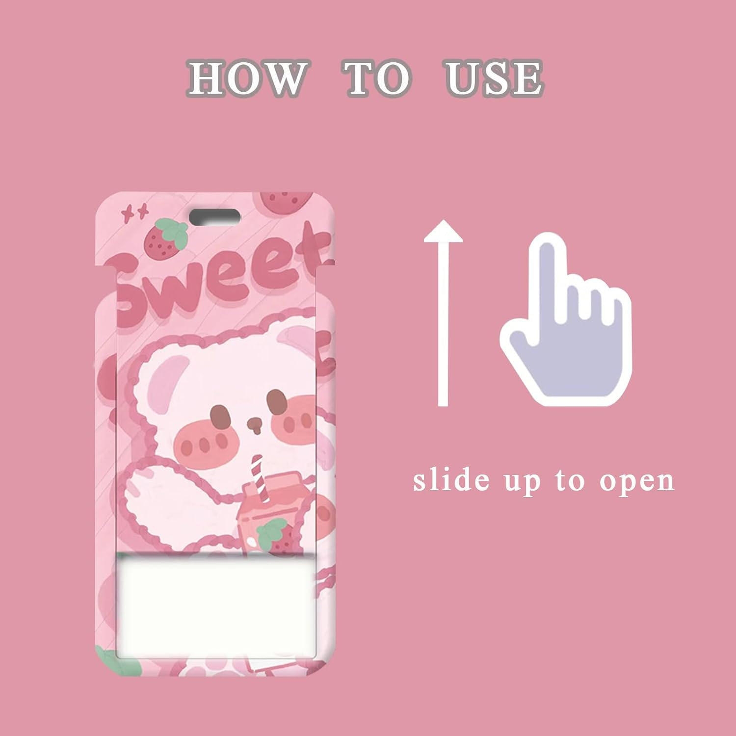 2 Pcs Kpop Photocard Holder Keychain Cute Bear Strawberry Kpop ID Badge Holder with Keychain Badge Reel Stationery for Back to School Student Bus Card Pendant Keychain (Pink), DTR42 - Pink image number 3