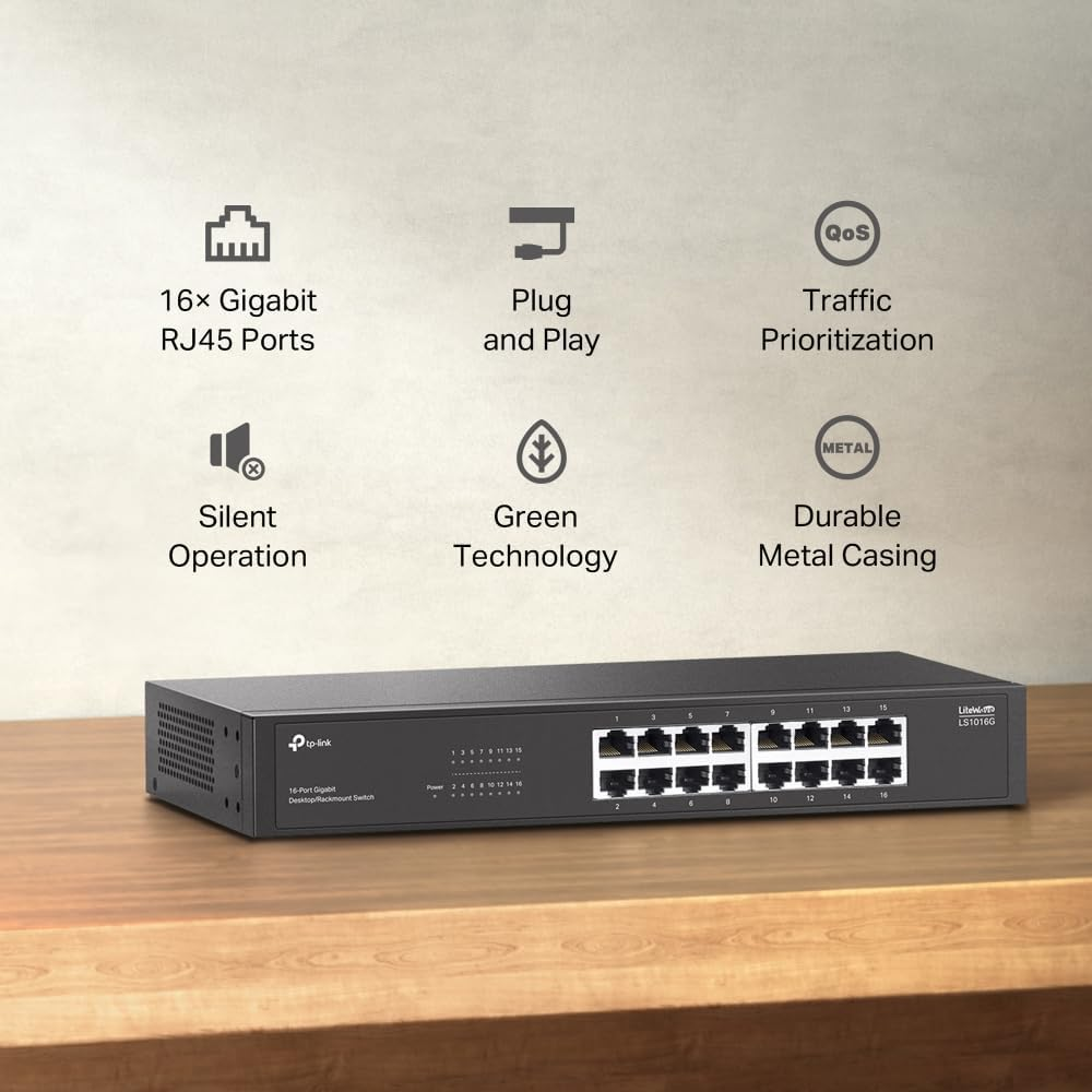 Tp-Link 16-Port Gigabit Desktop/Rackmount Switch, MAC Address Self-Learning, Auto MDI/MDIX, Auto Negotiation, Qos, Fanless Design, Energy-Efficient Technology, Plug & Play, Metal Case(Ls1016G) image number 4