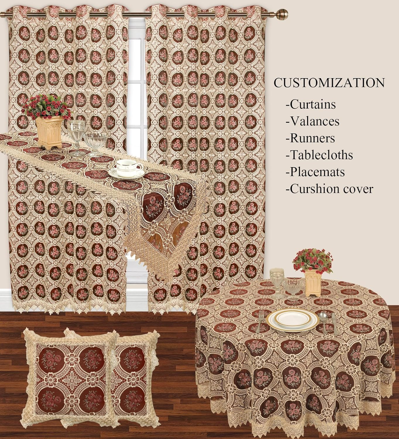 Simhomsen Set of 2 Decorative Lace Throw Pillow Case Shams Cushion Cover, Square 18 &times; 18 Inches, Vintage Look, Burgundy, Only the Cushion Cover, without Pillow Insert image number 3