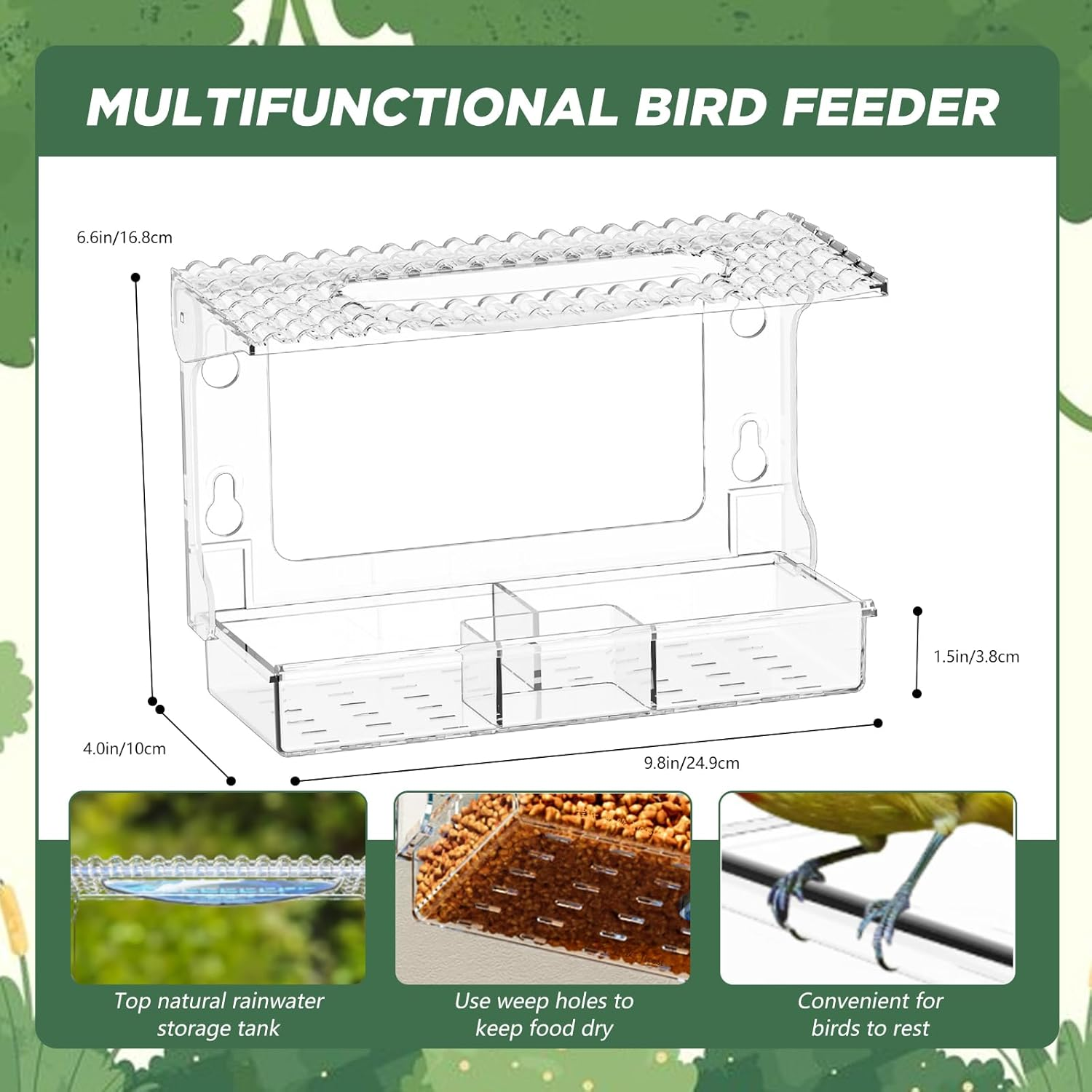SUSOO Window Bird Feeder for Outdoors with 3 Large Capacity Detachable Seed & Water Tray, Acrylic Clear Bird Feeder with Suction Cups for Watching Wild Birds, Hummingbirds, Finches in Garden, Yard image number 5
