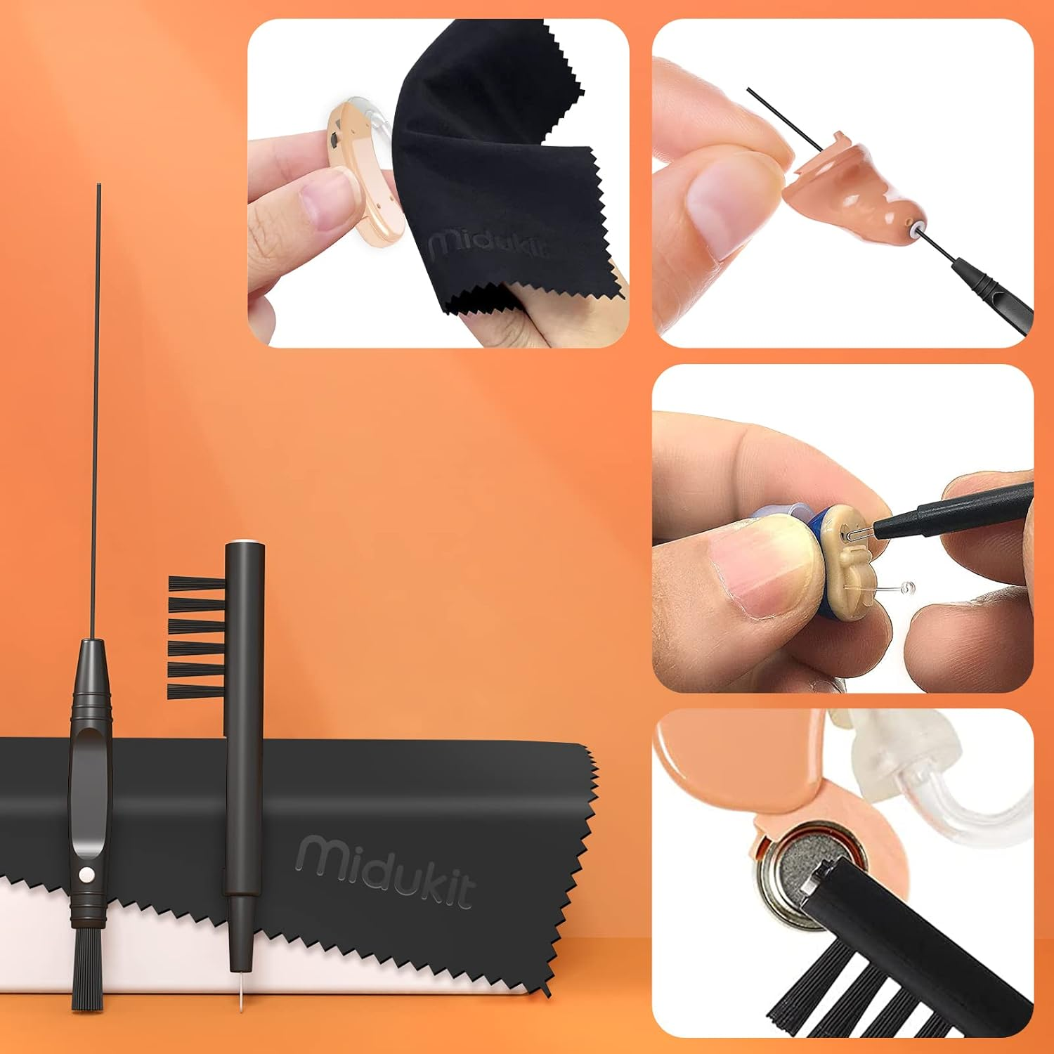 58-Piece Hearing Aid Cleaning Kit with Storage Box, Includes Hearing Aid Case, Steel Pick, Vent Cleaner, Screwdriver, Brush, Wax Loop, Magnet, Behind-The-Ear Fit, Easy Battery Access image number 5