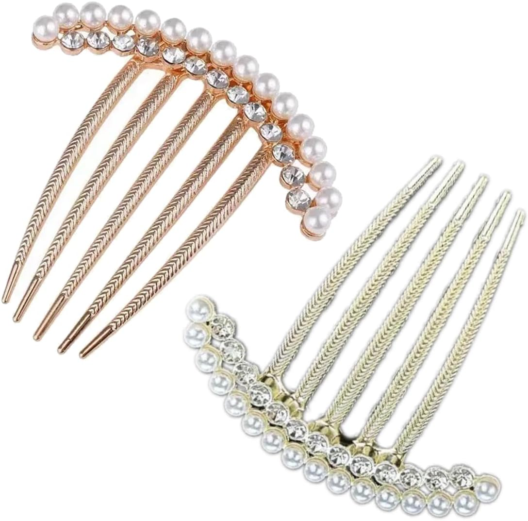 TSUOUKL Pack of 2 Vintage Bridal Hair Combs with Pearls and Crystals - Silver Comb for Weddings, Chignon and Everyday Use (Hair Accessory Set Women) image number 1
