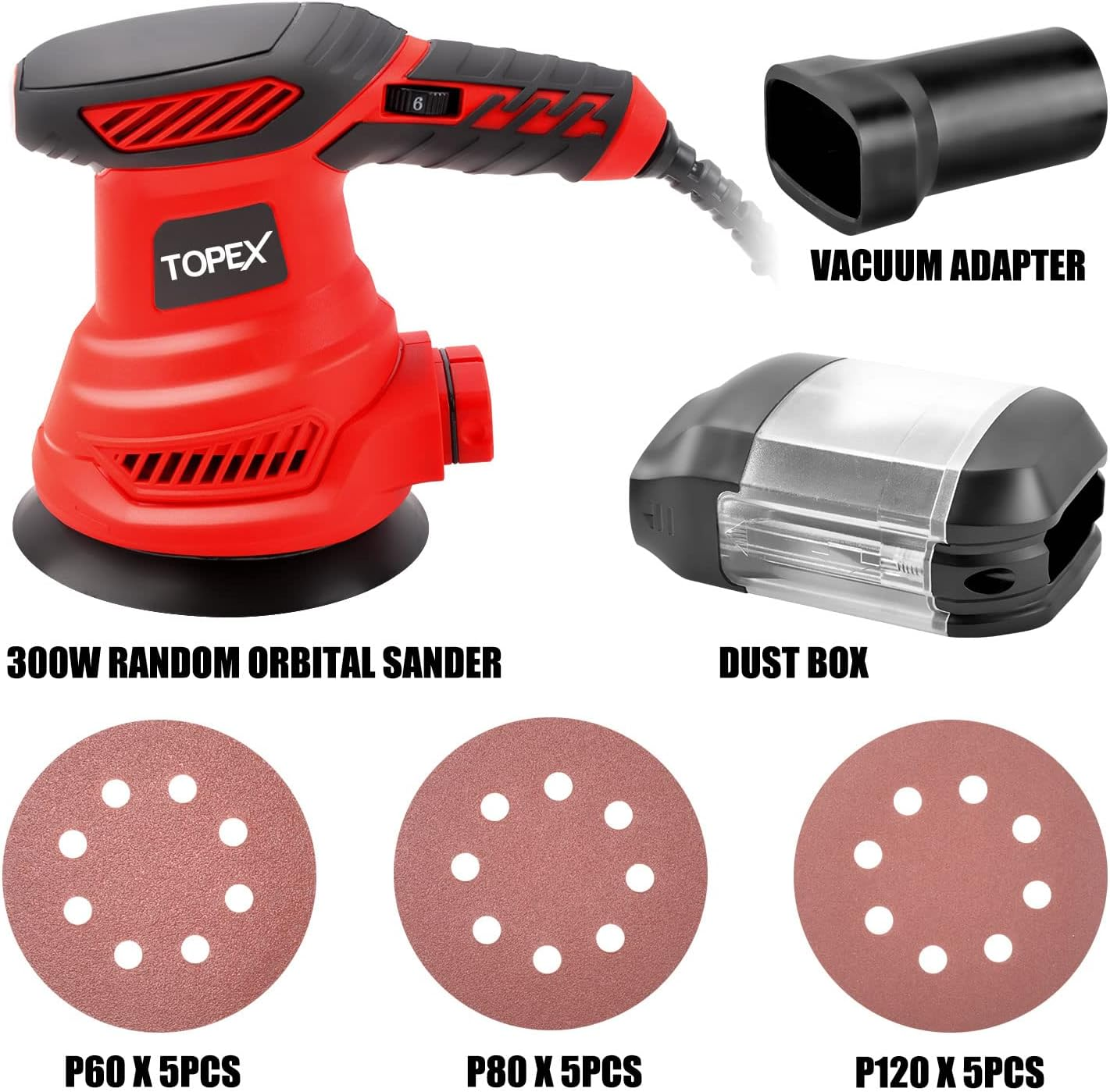 TOPEX 300W Random Orbital Sander Tool Set Electric Mini Electric Sander Kit with Dust Collector & 15Pcs Sandpaper Polisher Grinding Sanding Tools for Sanding, Finishing, Polishing Wood/Metal