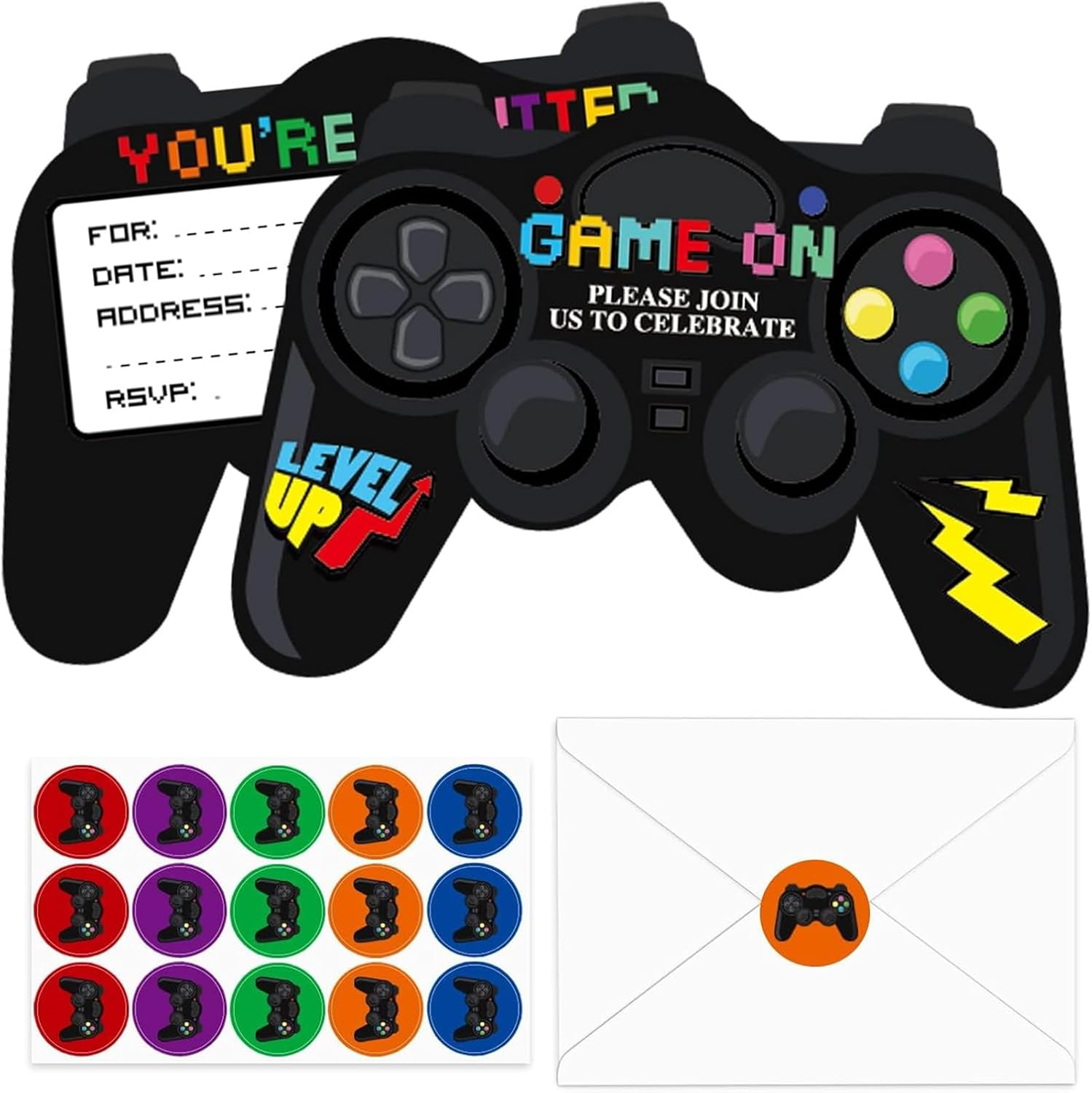 Birthday Party Invitation Card, 30 Pack Video Game Birthday Party Invitations Cards with Envelopes Stickers, Party Celebration Invitations for Kids Children Girls Boys