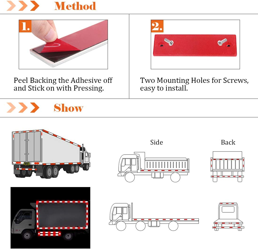 Rustark 20 Pcs Red Plastic Rectangular Stick-On Car Reflector Sticker Waterproof Reflector Tape Self-Adhesive Conspicuity Safety Warning Tapes for Truck Trailer Pickup - White image number 7