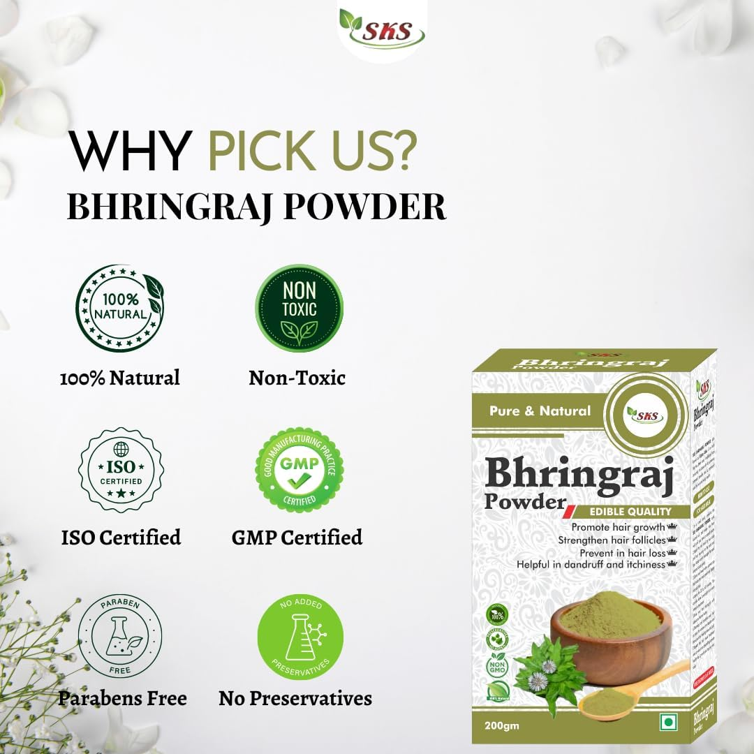 SKS Bhringraj Powder 200 Gms Pack No Added Preservatives Good for All Types of Hair image number 3