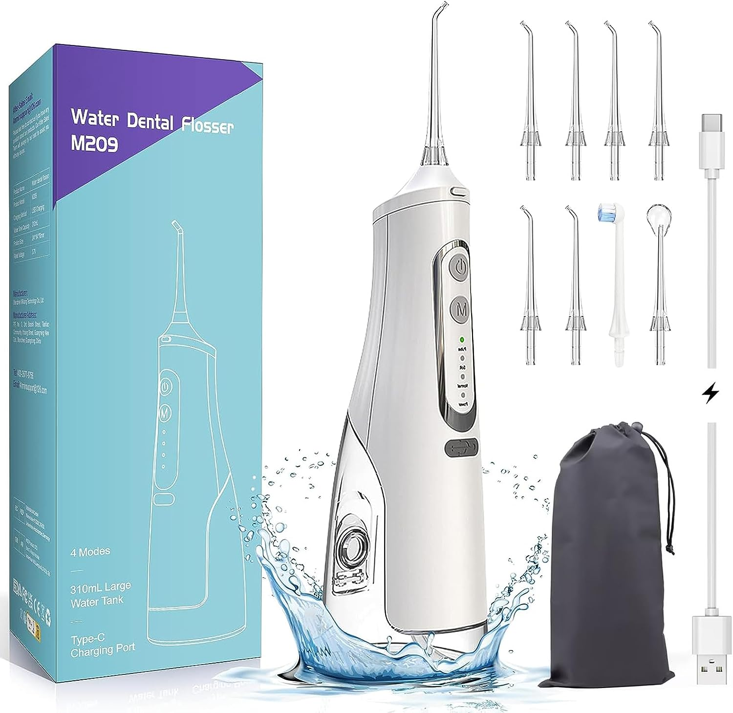 Water Dental Flosser Professional Irrigator for Dental & Oral Care with 8 Tips 4 Modes 310Ml Large Capacity IPX7 Waterproof Rechargeable and Portable Cordless Deep Clean Teeth for Home &Travel (White)